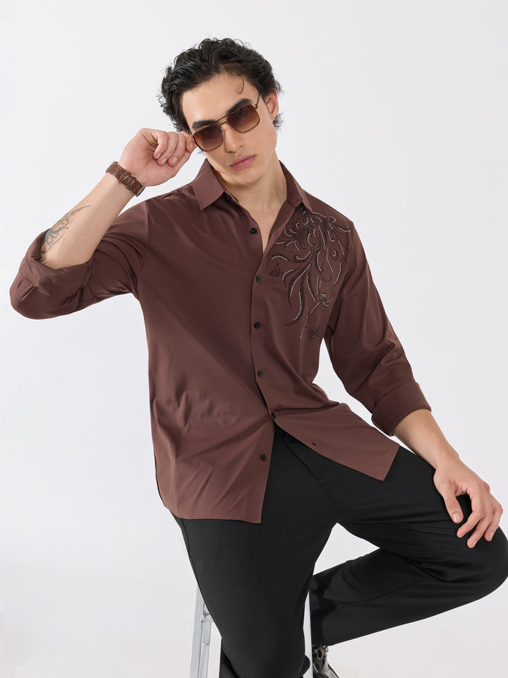 men's  shirt - regal swirl Embellished with stone- coffee brown