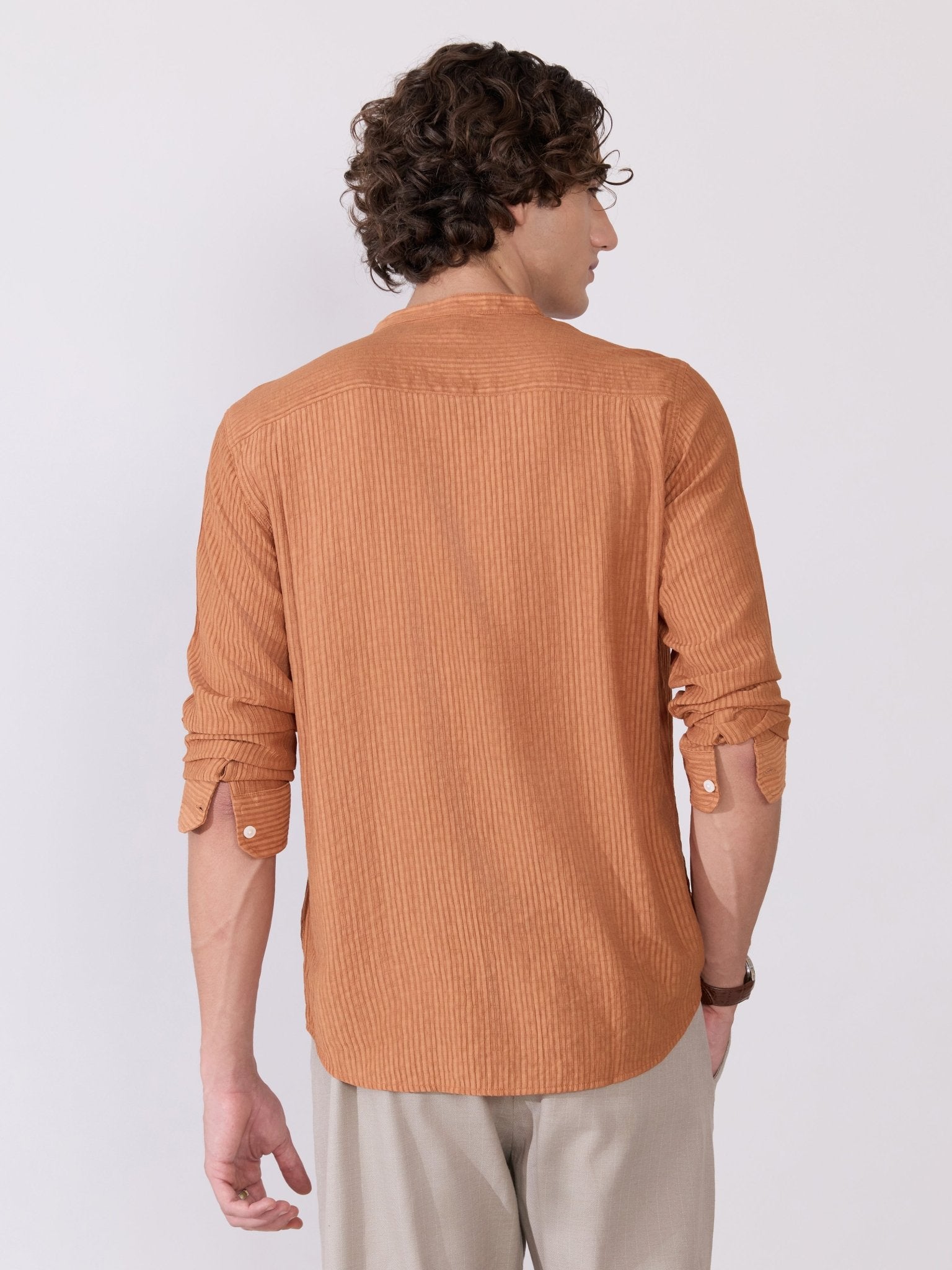 Yometo - Striped Band Neck Shirt - Coral Orange - Espanshe