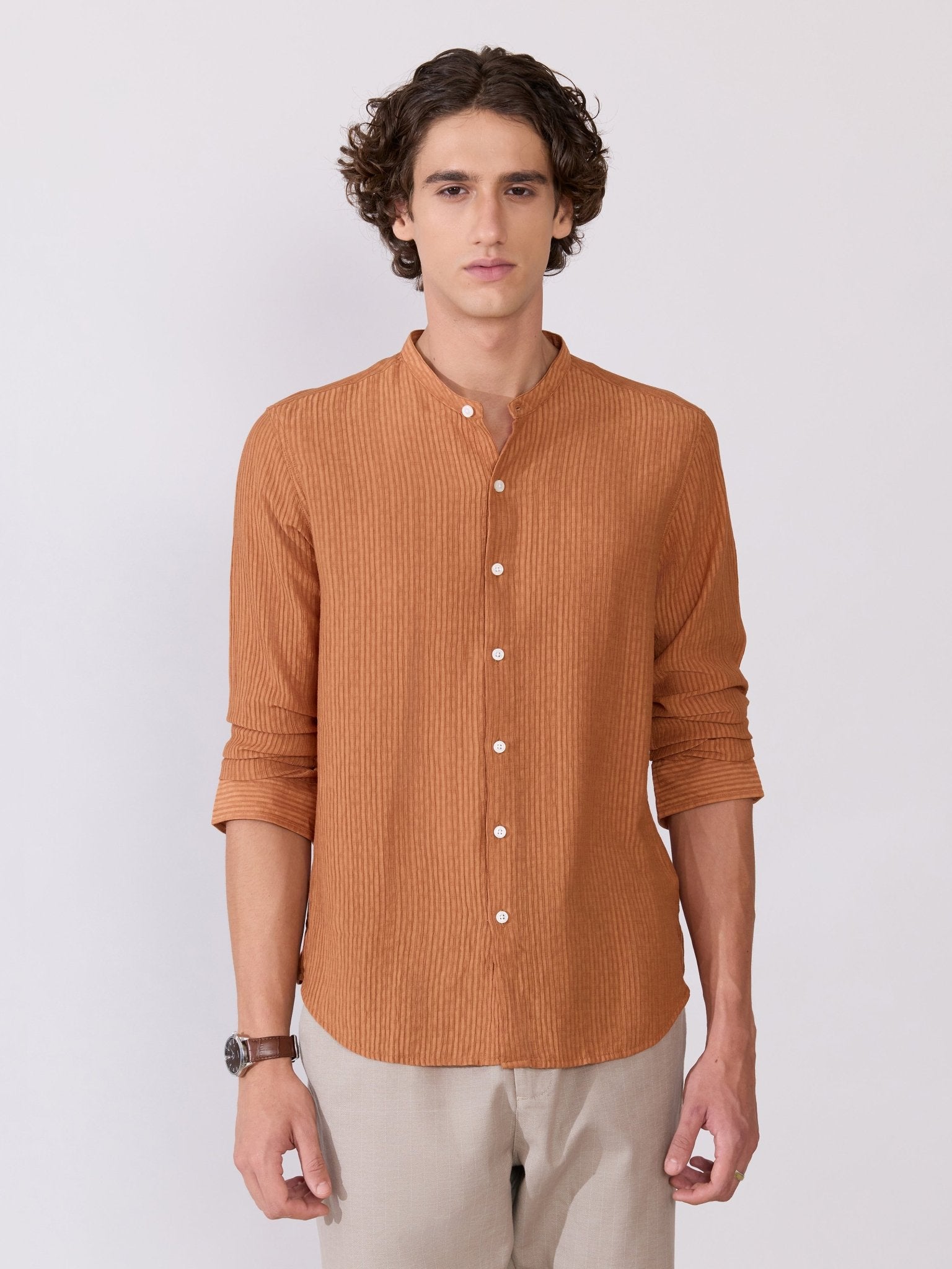 Yometo - Striped Band Neck Shirt - Coral Orange - Espanshe