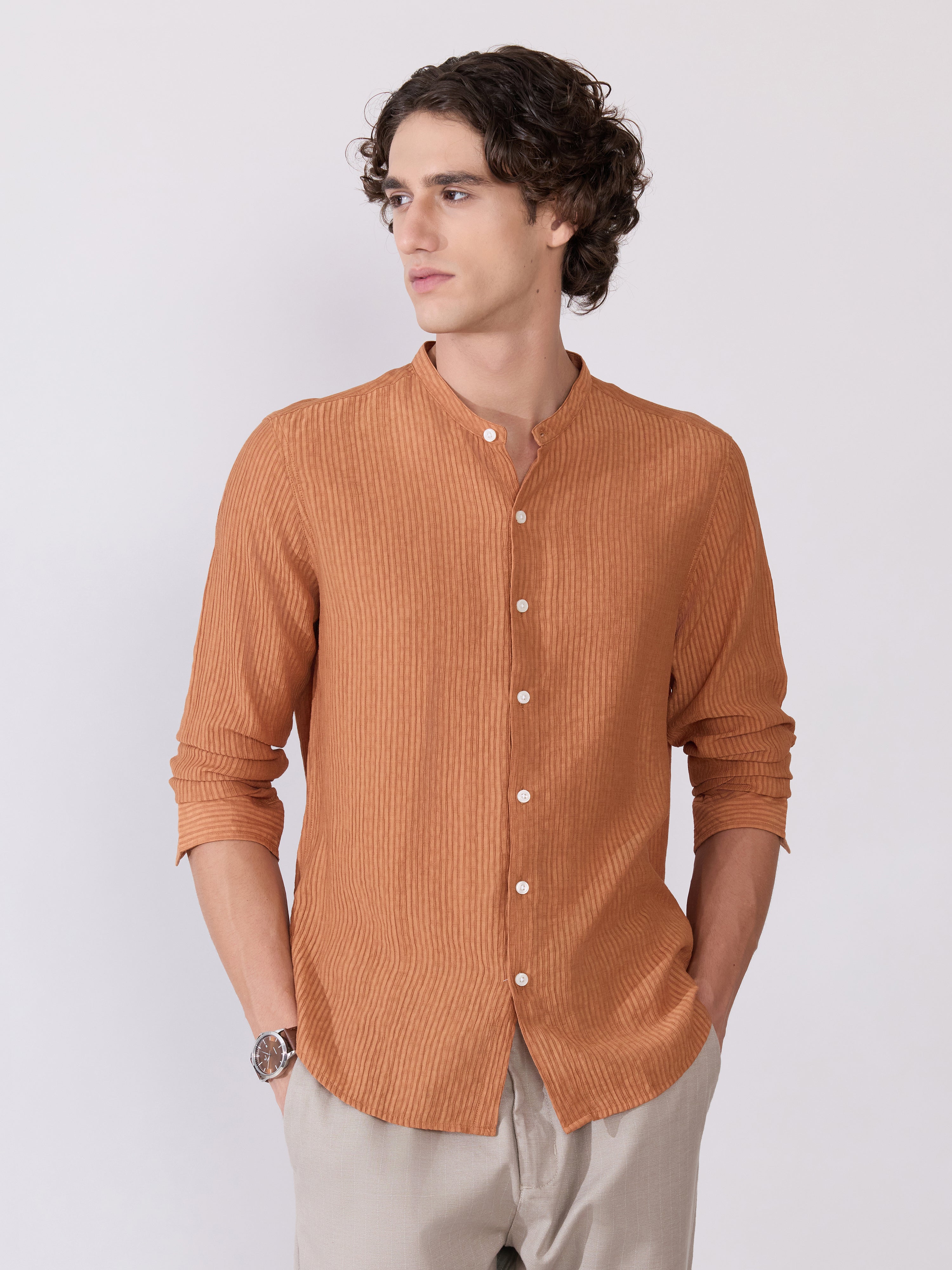 Yometo - Striped Band Neck Shirt - Coral Orange