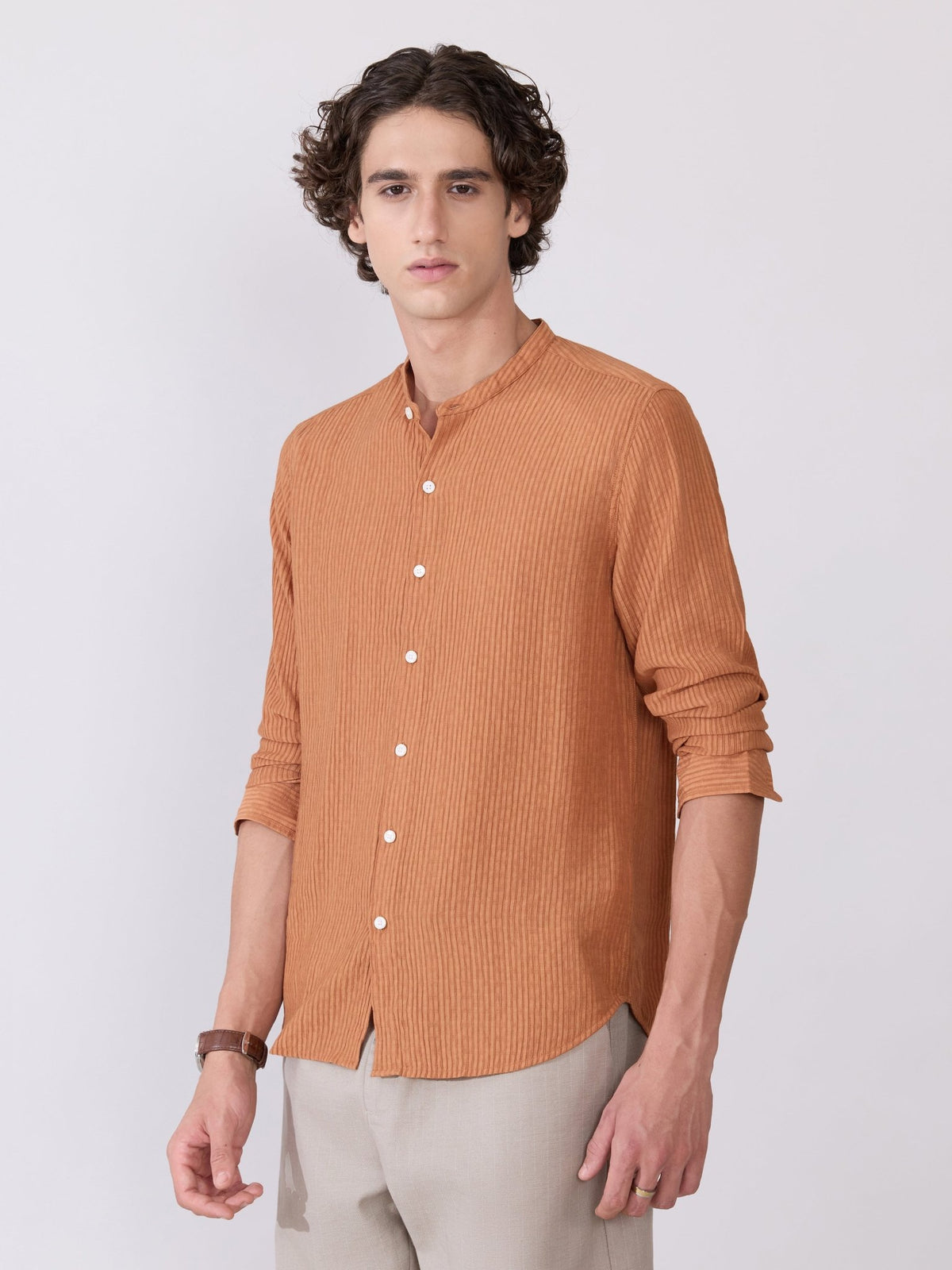 Yometo - Striped Band Neck Shirt - Coral Orange - Espanshe
