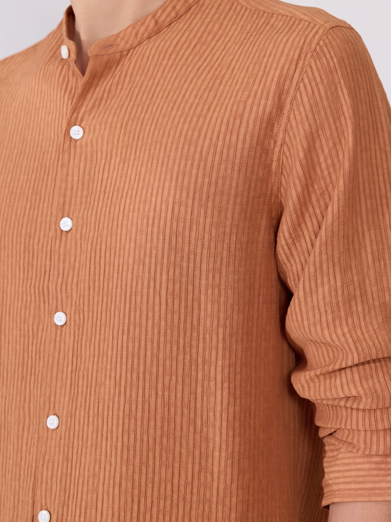 Yometo - Striped Band Neck Shirt - Coral Orange - Espanshe