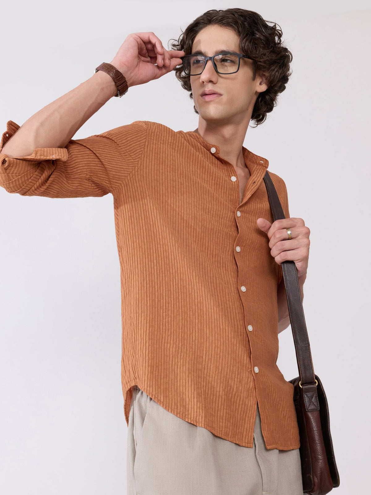 Yometo - Striped Band Neck Shirt - Coral Orange - Espanshe