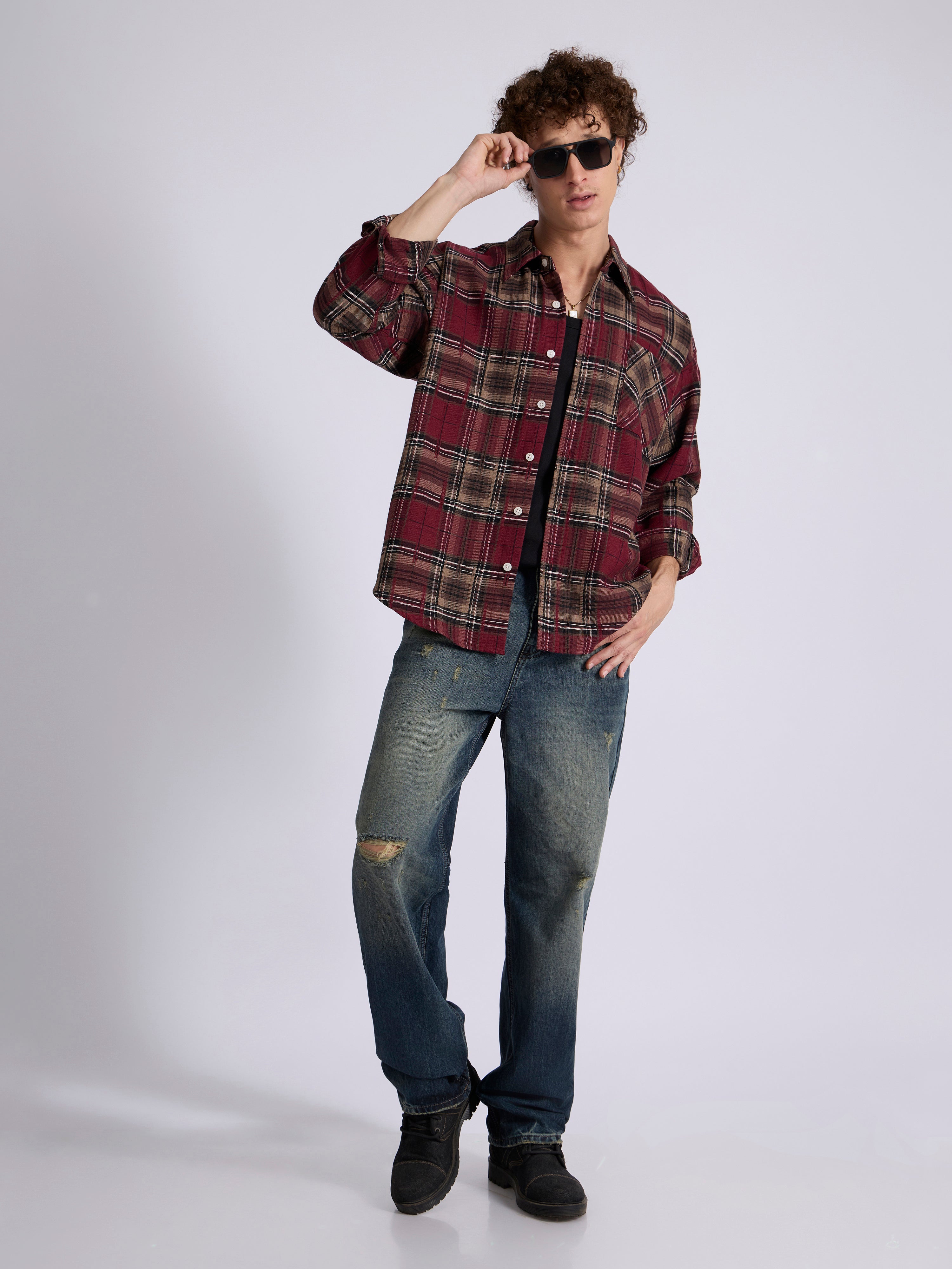 Talbot - Drop Shoulder Checks Shirt - Maroon