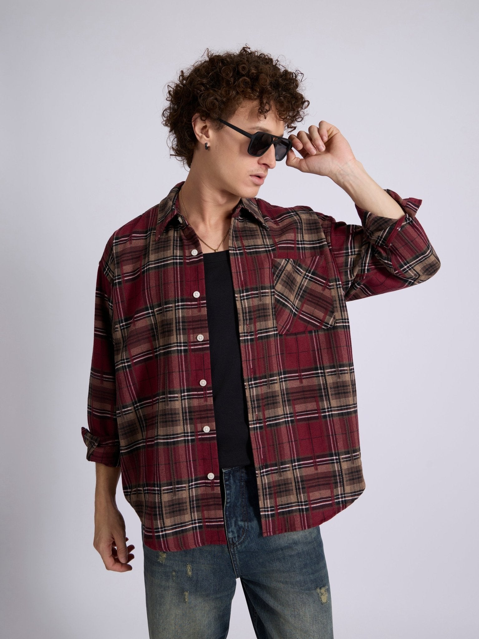 Talbot - Drop Shoulder Checks Shirt - Maroon - Espanshe