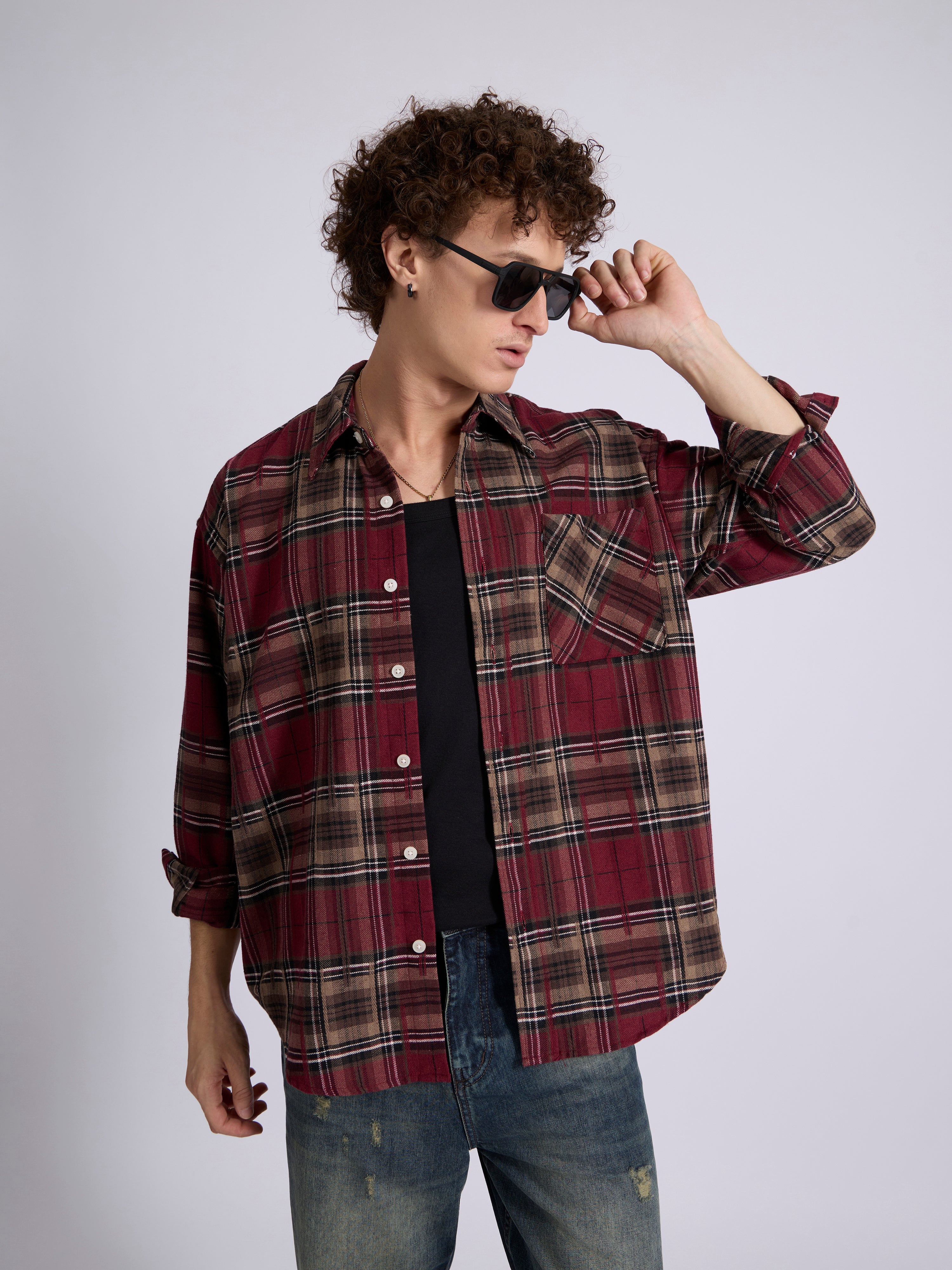 Talbot - Drop Shoulder Checks Shirt - Maroon