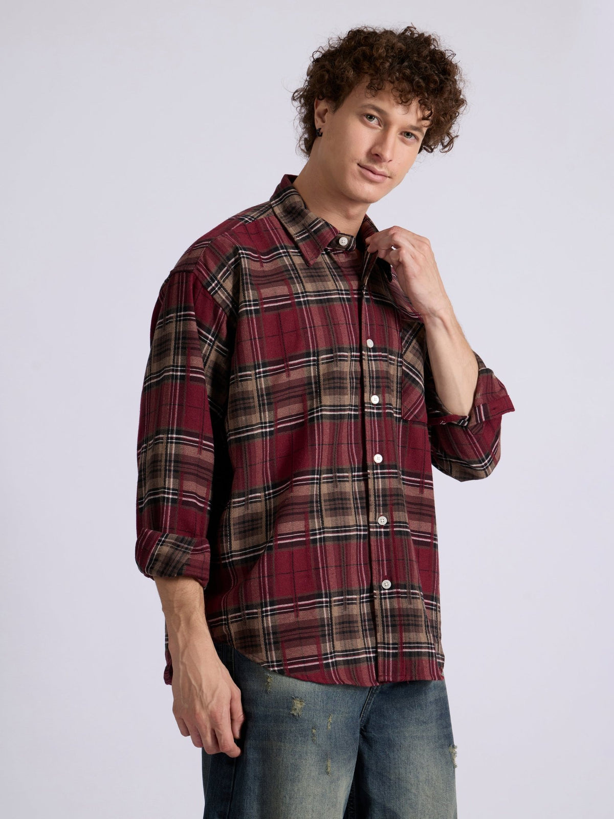 Talbot - Drop Shoulder Checks Shirt - Maroon - Espanshe