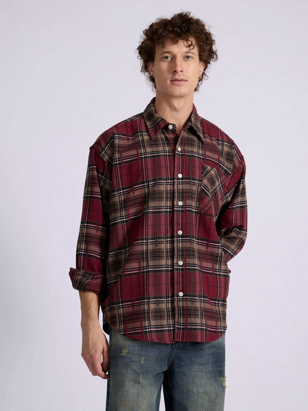 Talbot - Drop Shoulder Checks Shirt - Maroon - Espanshe