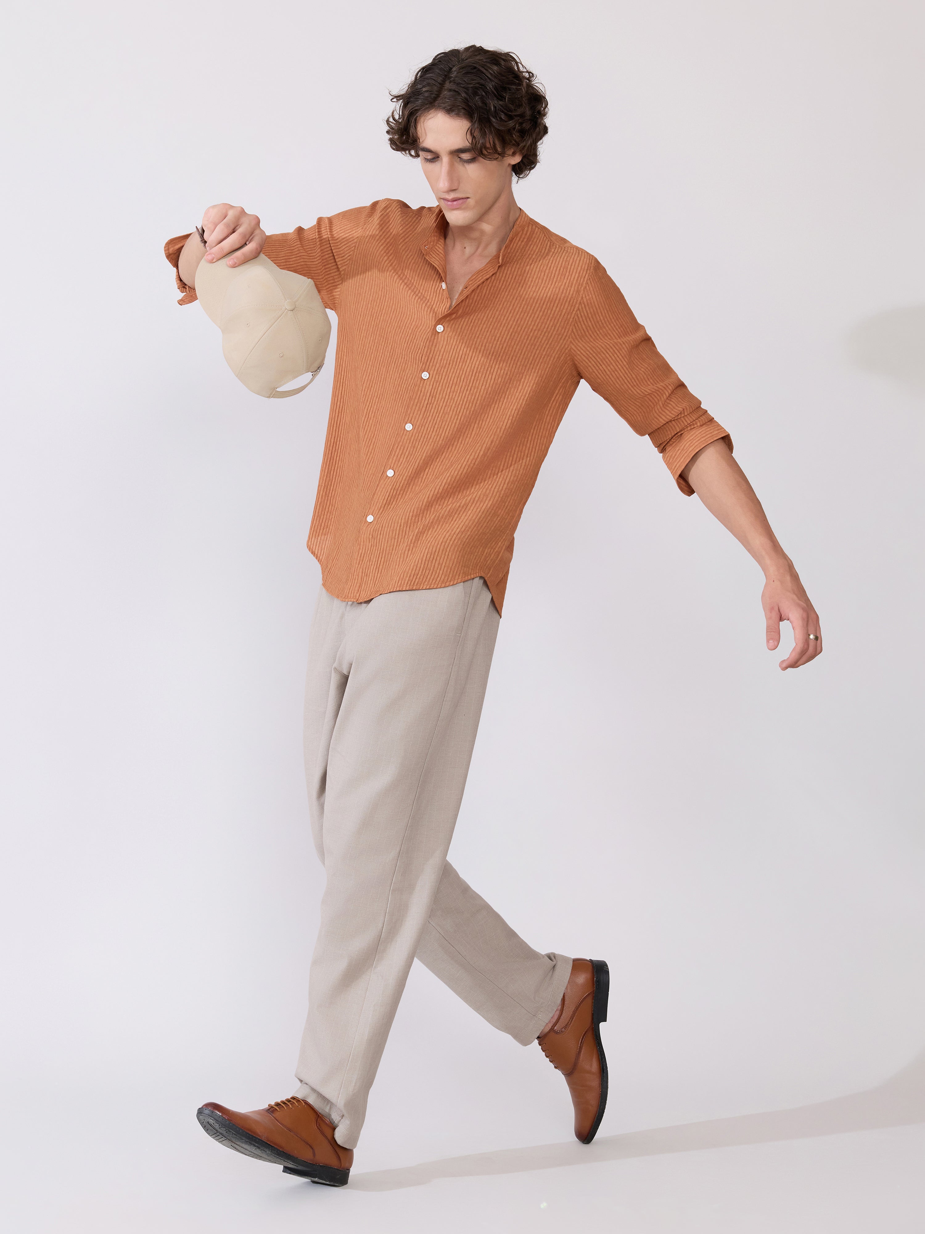 Yometo - Striped Band Neck Shirt - Coral Orange