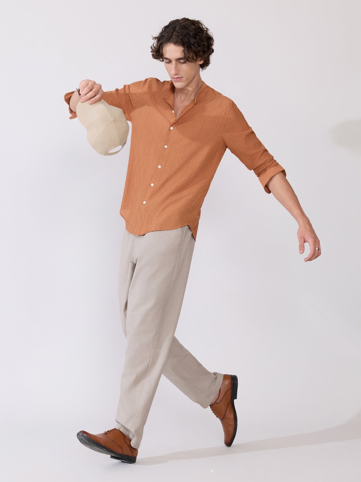 Yometo - Striped Band Neck Shirt - Coral Orange - Espanshe