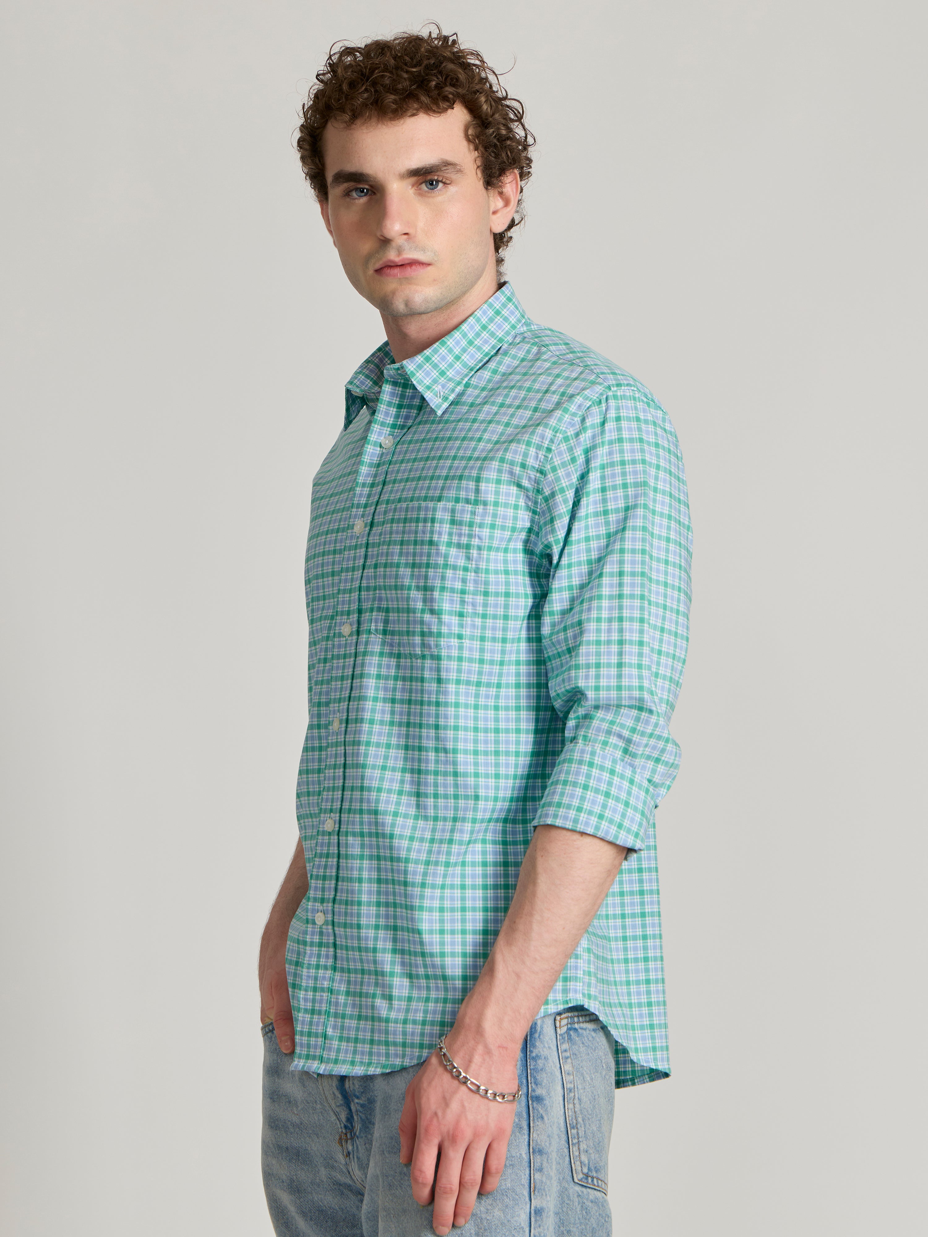 Men's Relaxed Fit Checks Shirt - blue green
