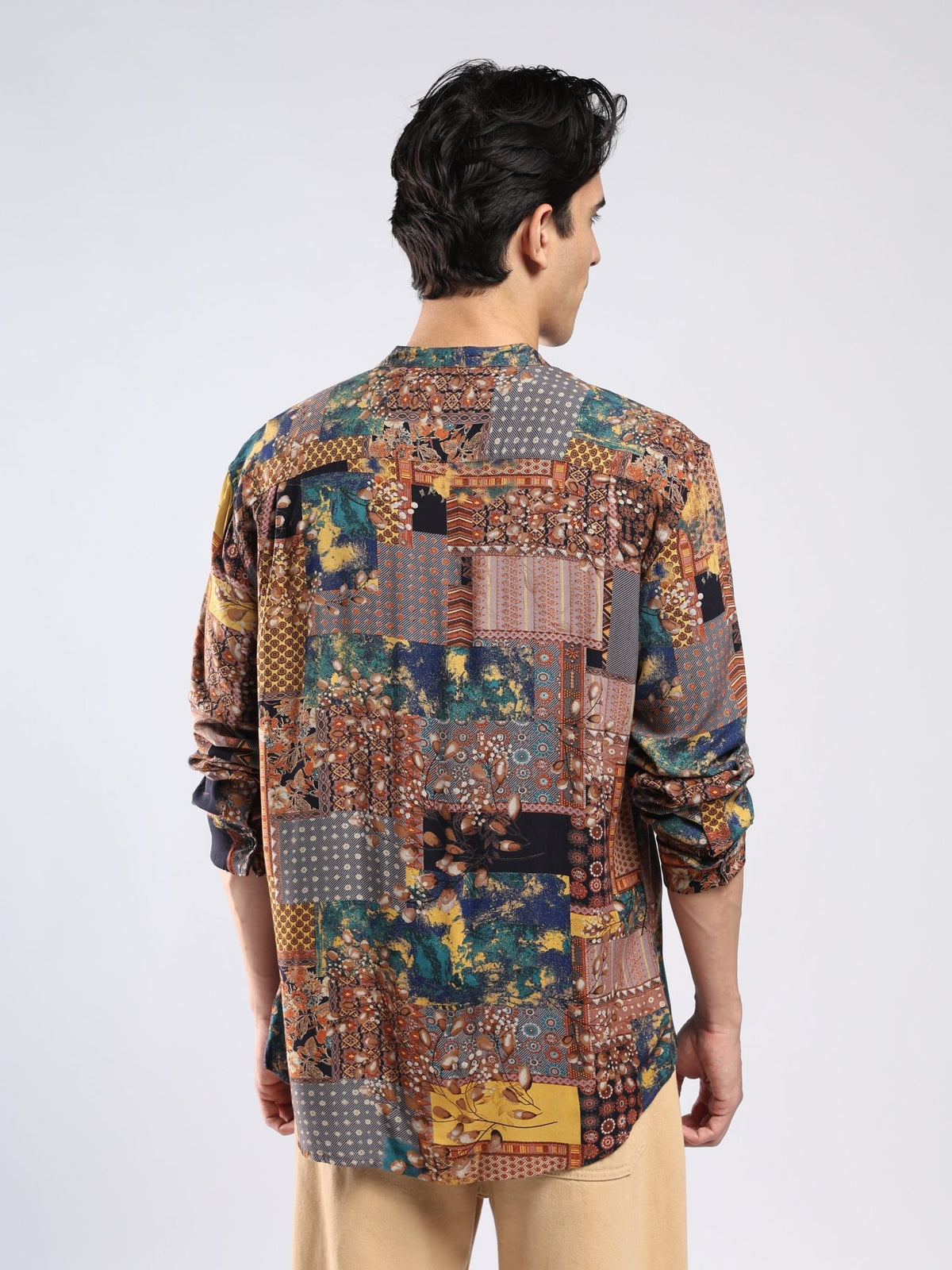 Xisoni - Abstract Printed Mandarin Collar Shirt - Rust Brown - Espanshe
