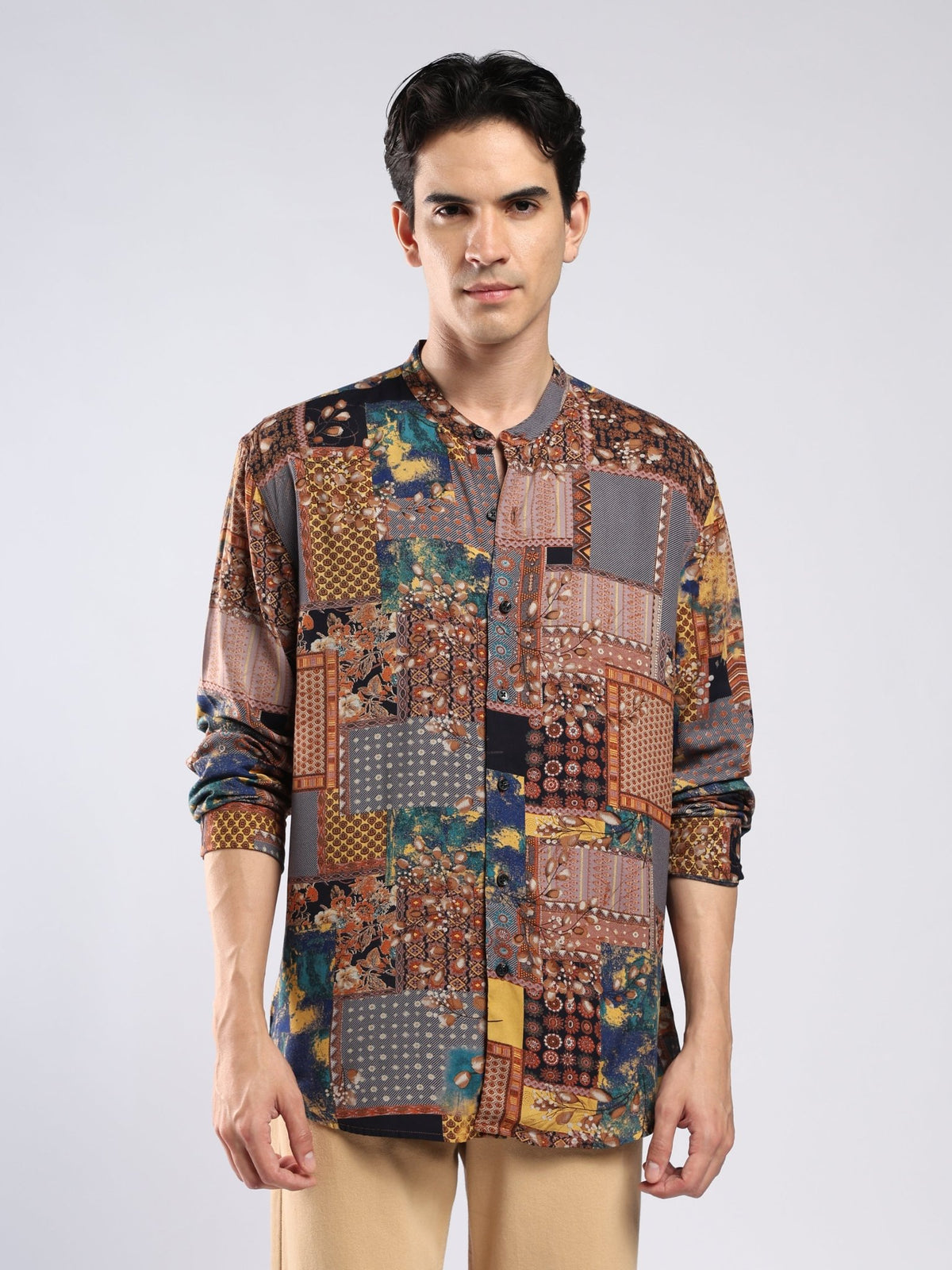 Xisoni - Abstract Printed Mandarin Collar Shirt - Rust Brown - Espanshe