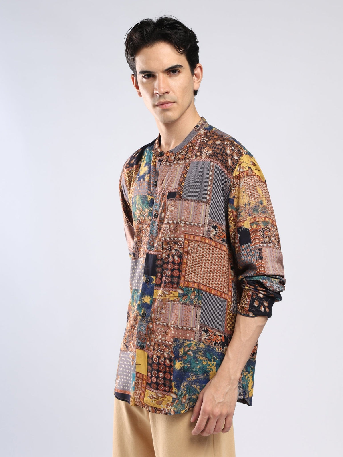 Xisoni - Abstract Printed Mandarin Collar Shirt - Rust Brown - Espanshe
