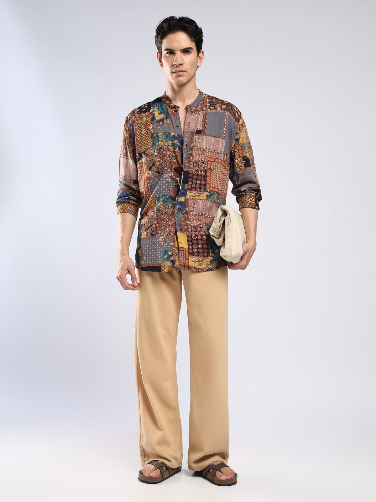 Xisoni - Abstract Printed Mandarin Collar Shirt - Rust Brown - Espanshe