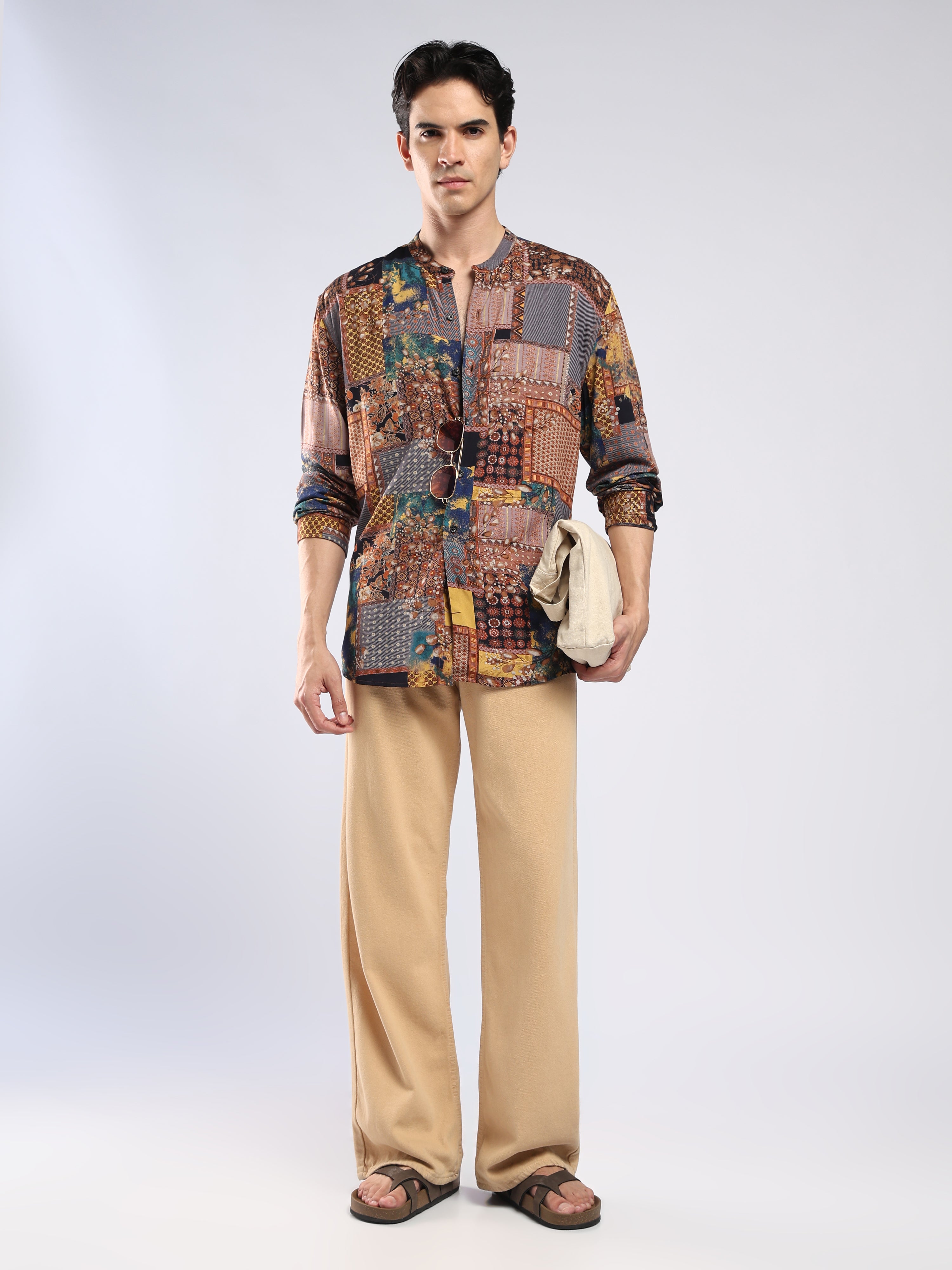 Xisoni - Abstract Printed Mandarin Collar Shirt - Rust Brown