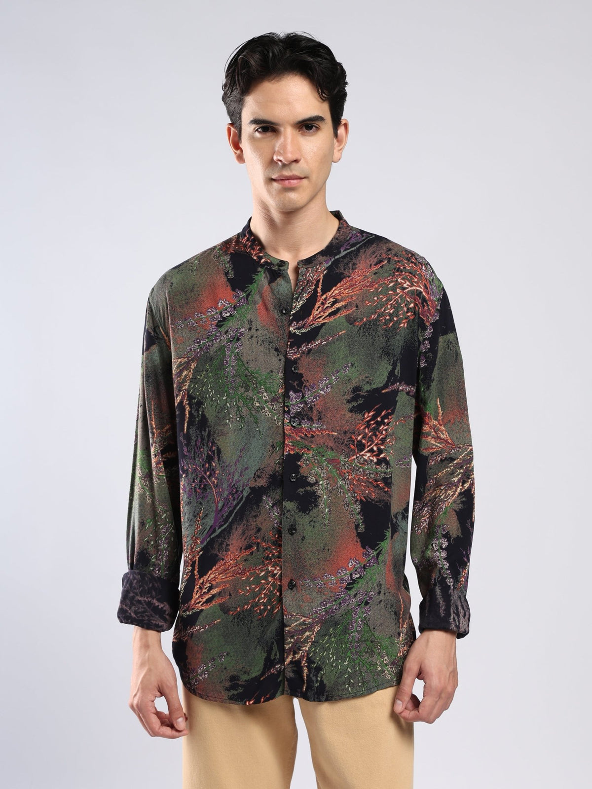 Xisoni - Abstract Printed Mandarin Collar Shirt - Black - Espanshe