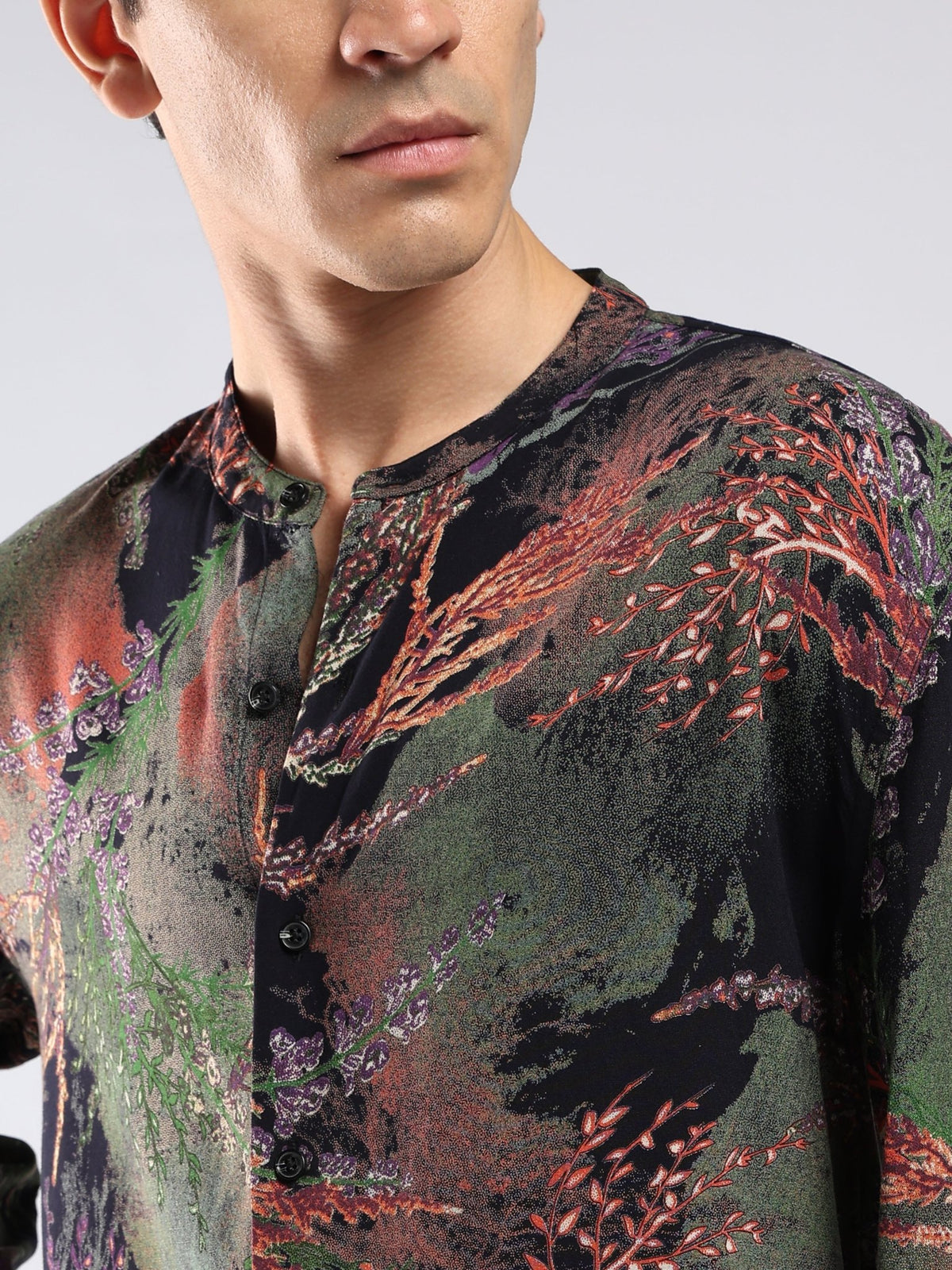 Xisoni - Abstract Printed Mandarin Collar Shirt - Black - Espanshe