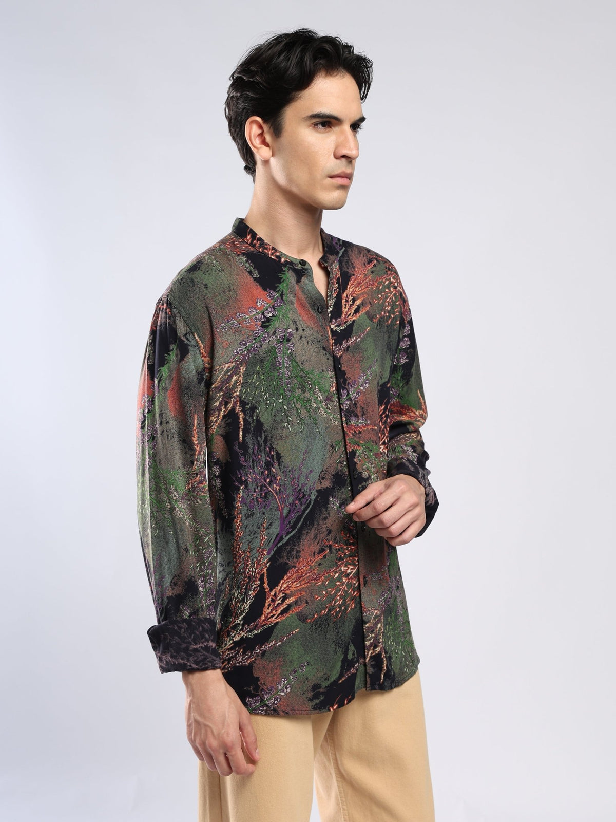 Xisoni - Abstract Printed Mandarin Collar Shirt - Black - Espanshe