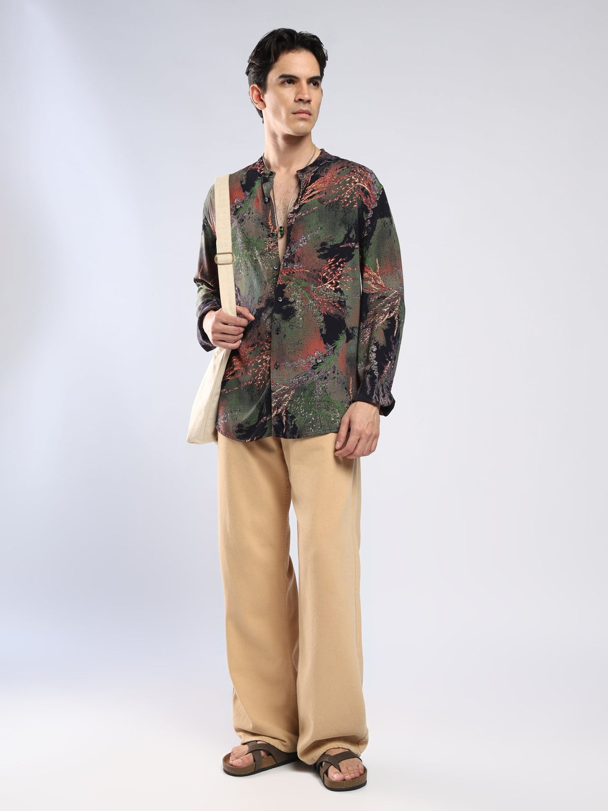 Xisoni - Abstract Printed Mandarin Collar Shirt - Black - Espanshe