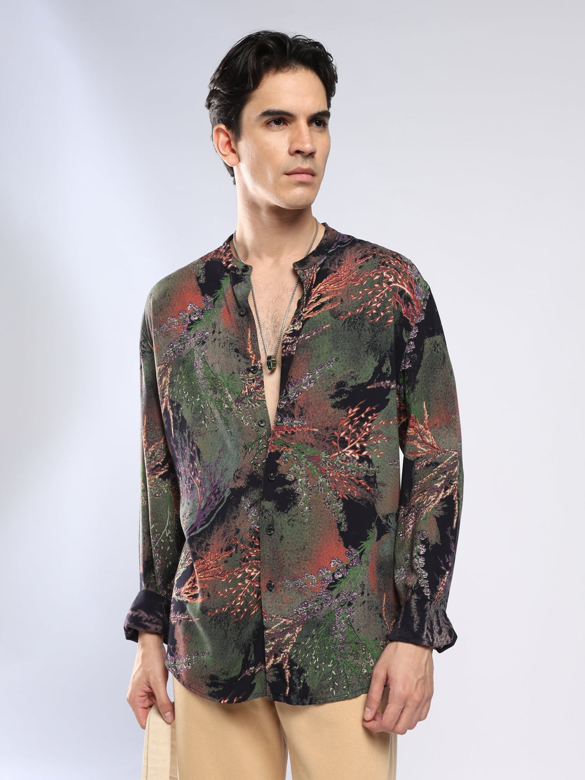 Xisoni - Abstract Printed Mandarin Collar Shirt - Black - Espanshe