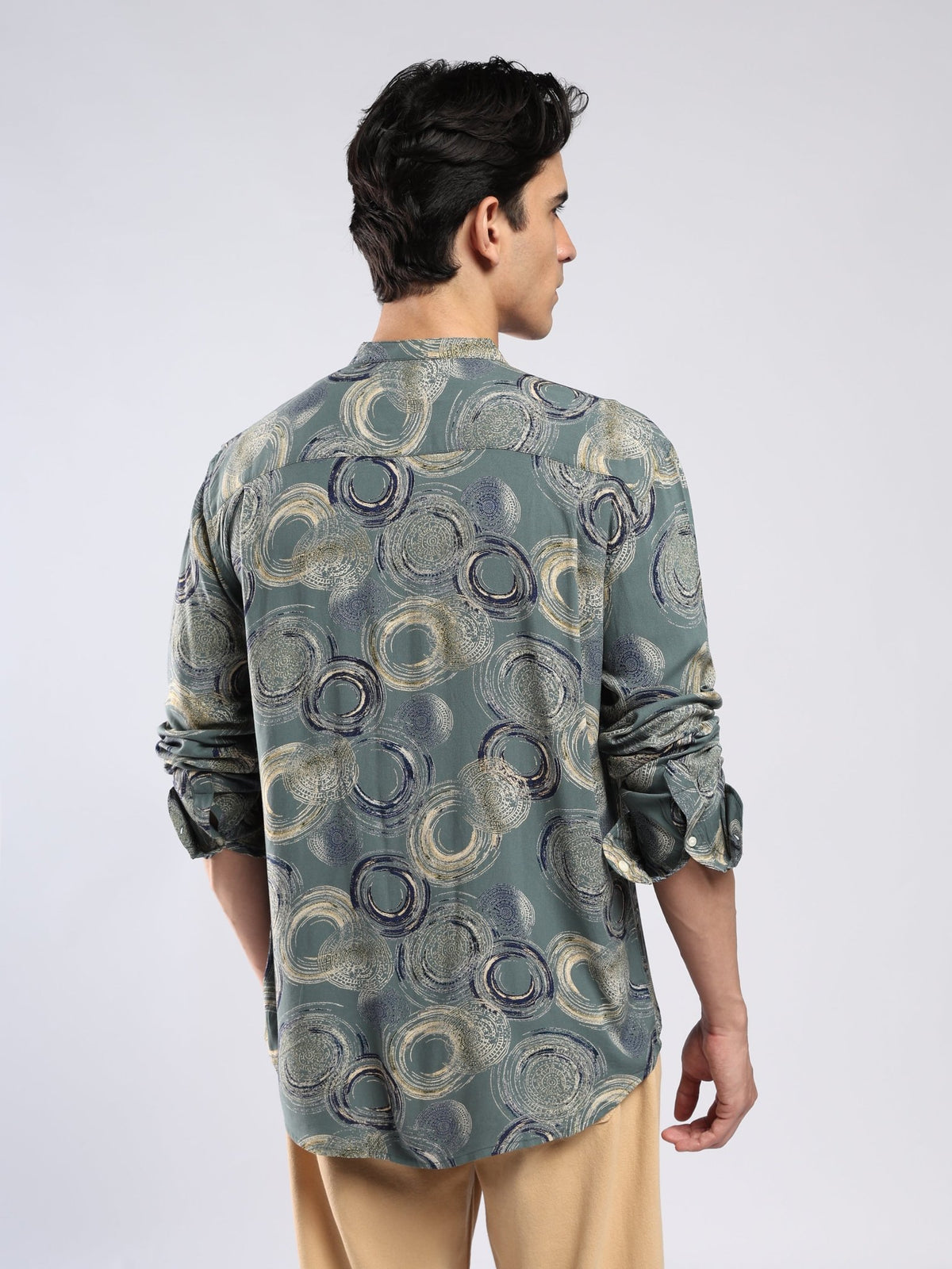 Xisoni - Abstract Printed Mandarin Collar Shirt - Slate Green - Espanshe