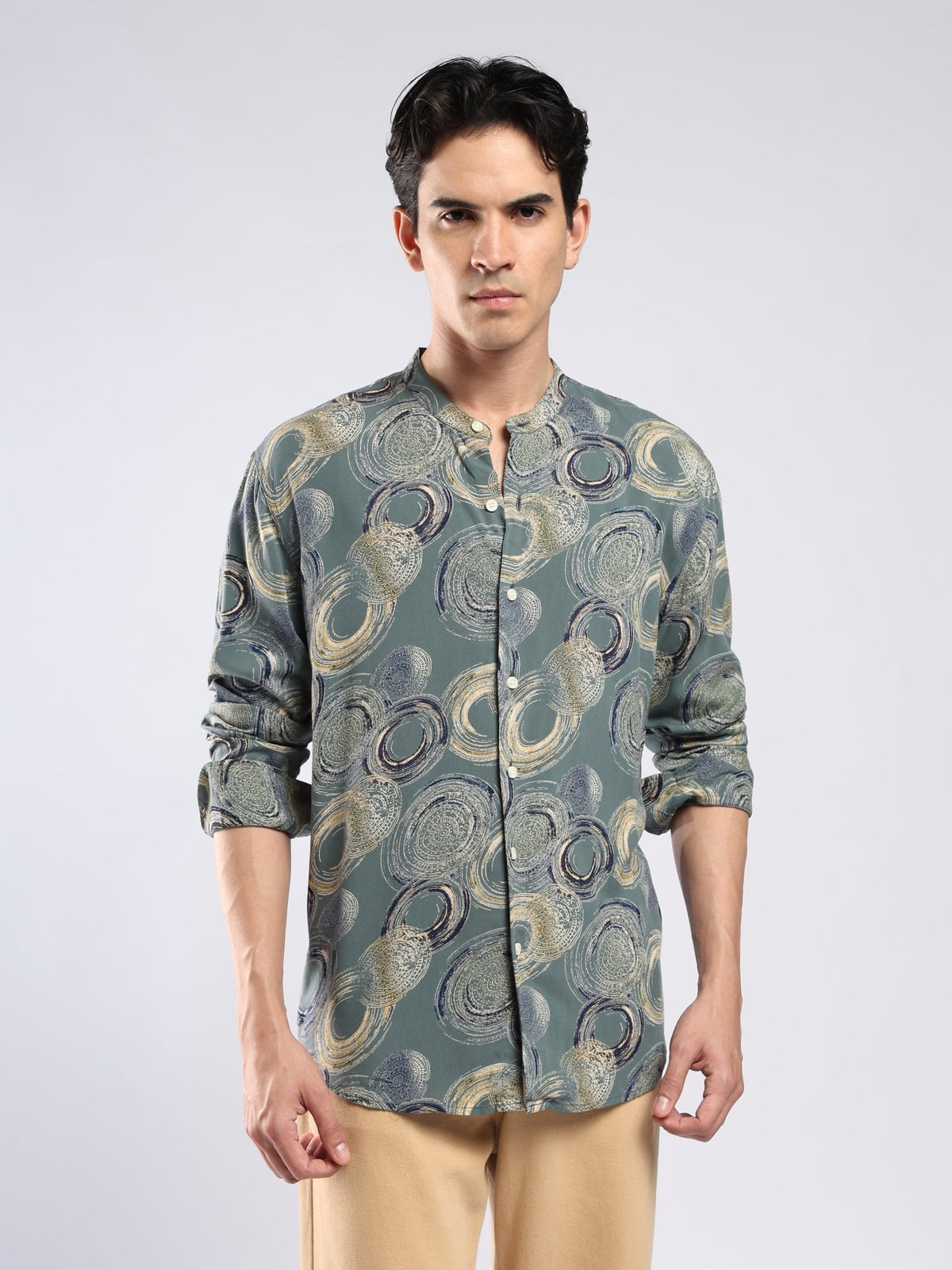 Xisoni - Abstract Printed Mandarin Collar Shirt - Slate Green - Espanshe