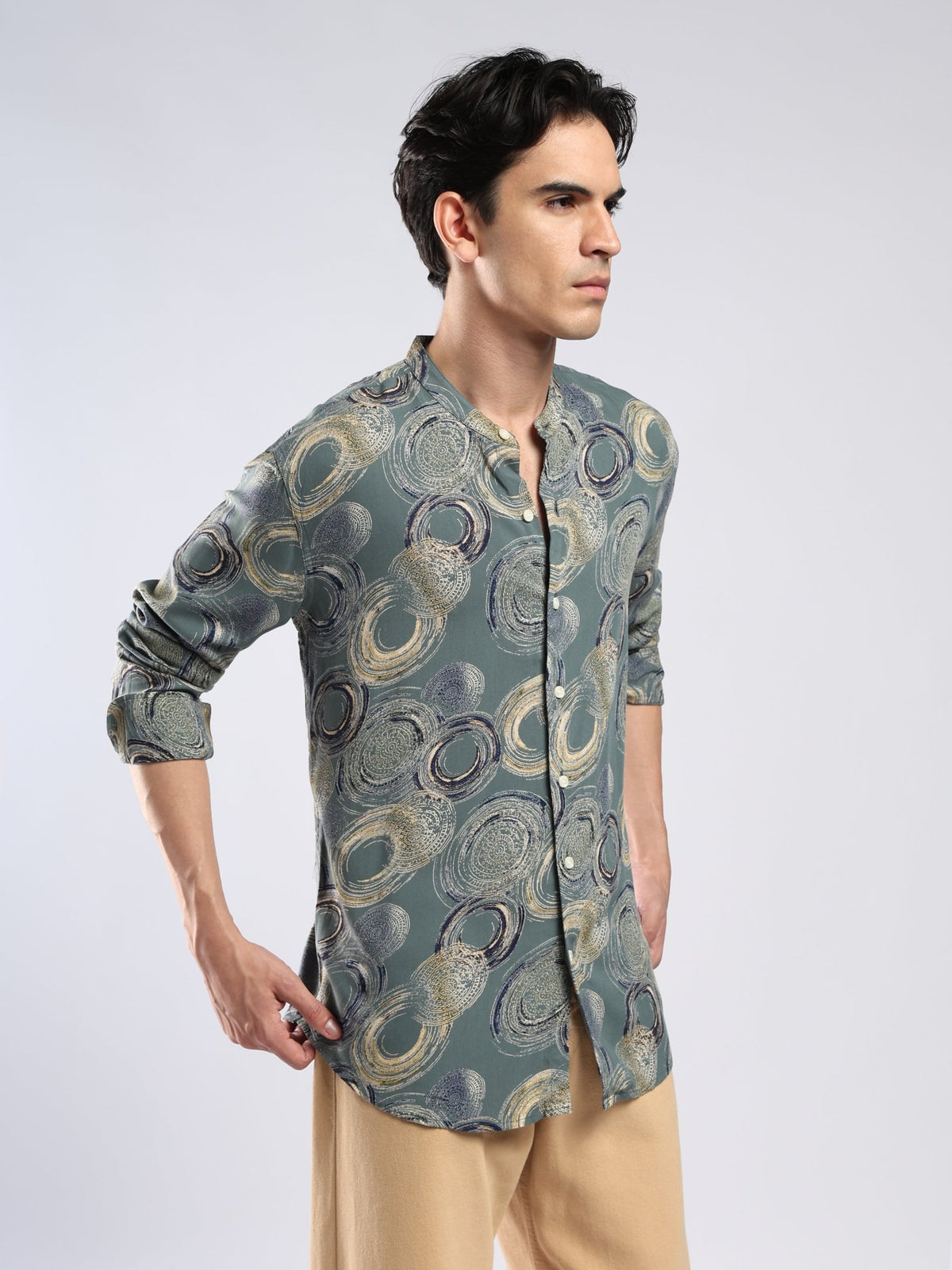 Xisoni - Abstract Printed Mandarin Collar Shirt - Slate Green - Espanshe