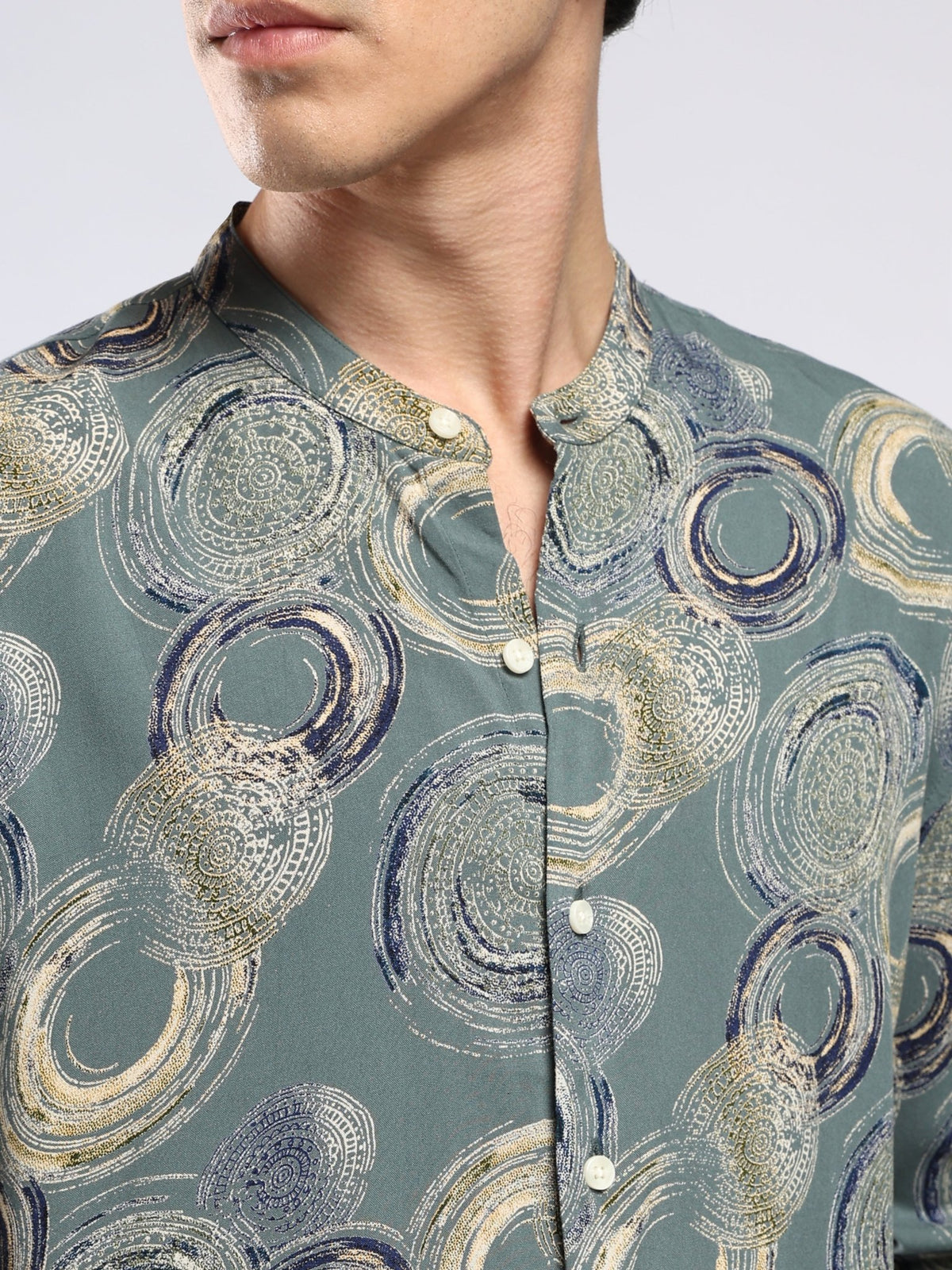 Xisoni - Abstract Printed Mandarin Collar Shirt - Slate Green - Espanshe