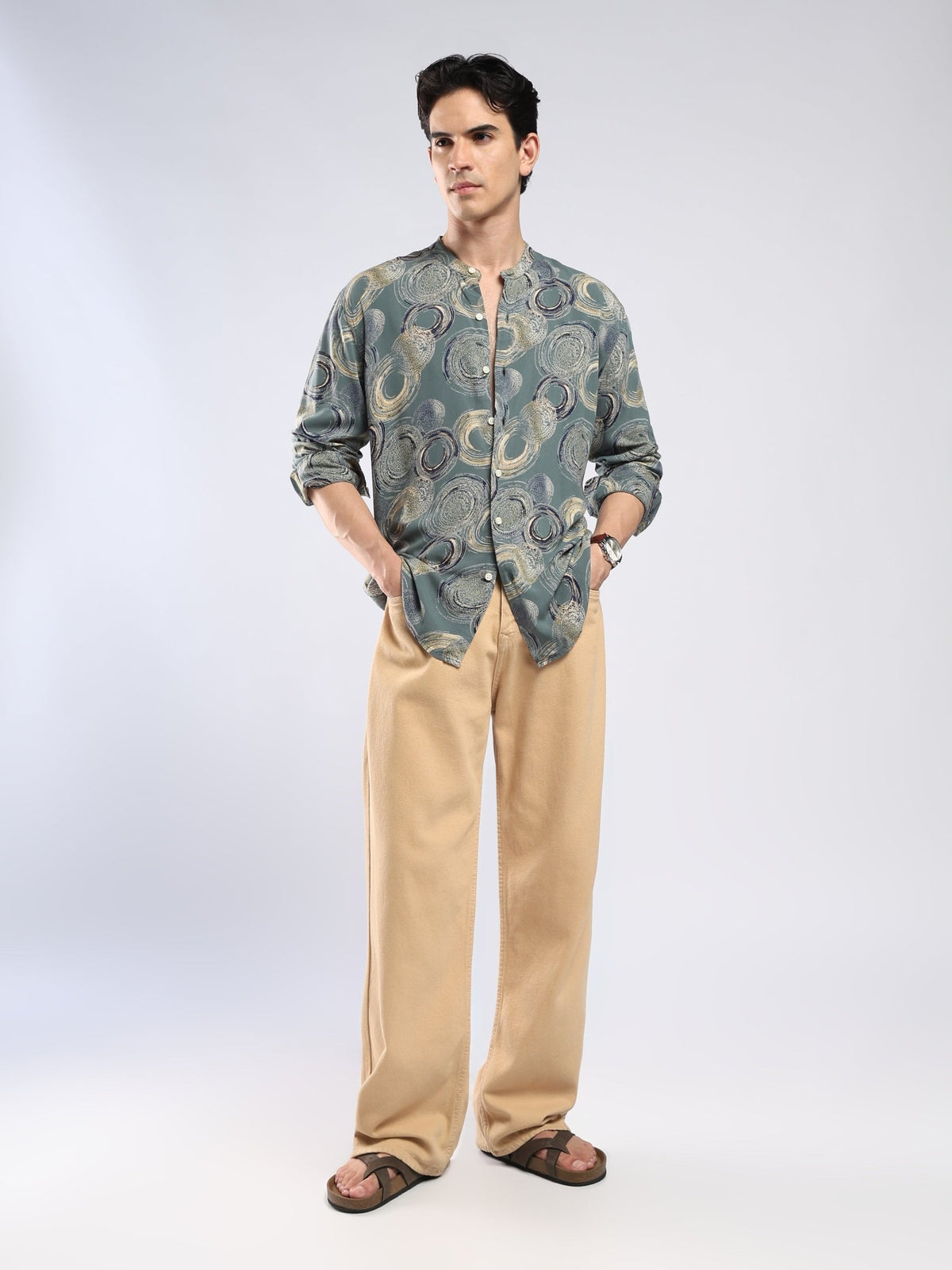 Xisoni - Abstract Printed Mandarin Collar Shirt - Slate Green - Espanshe