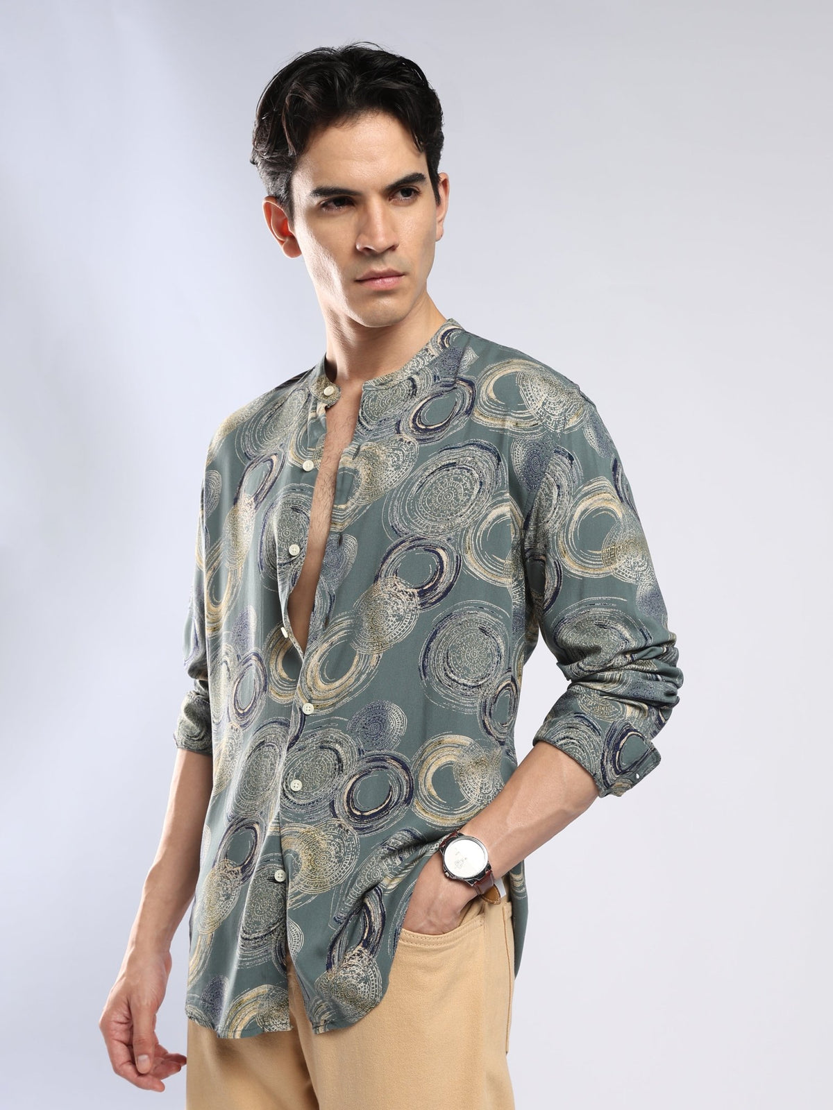 Xisoni - Abstract Printed Mandarin Collar Shirt - Slate Green - Espanshe
