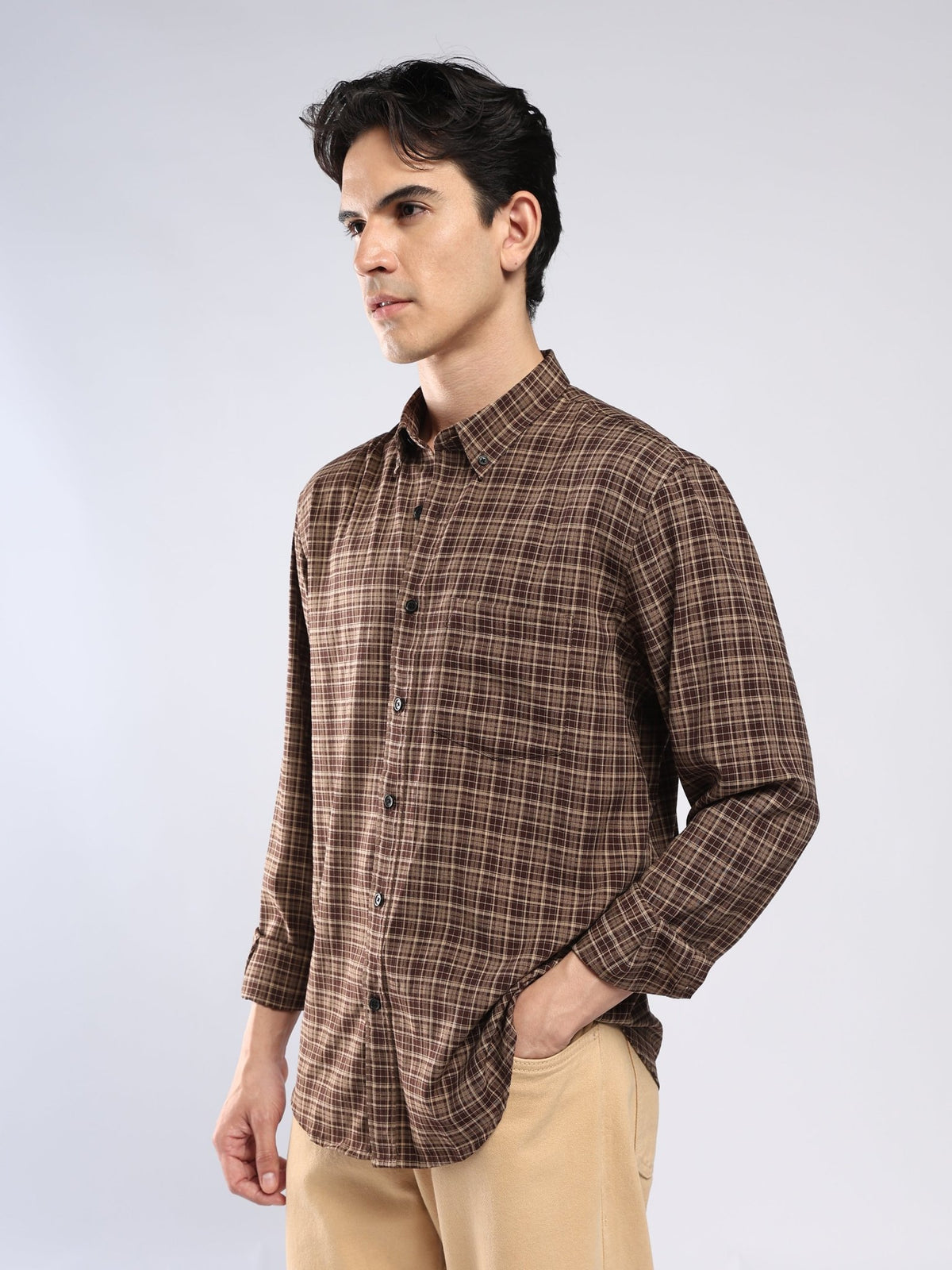 Vololo - Relaxed Fit Checks Shirt - Brown - Espanshe
