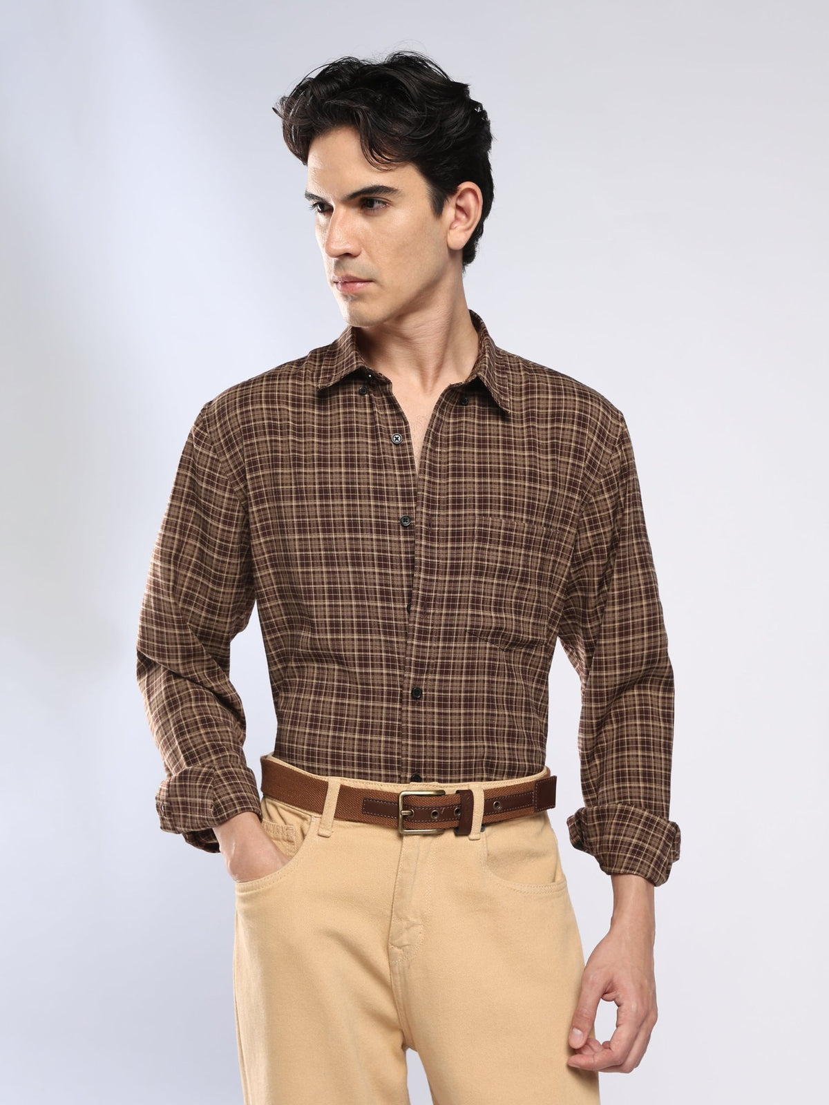 Vololo - Relaxed Fit Checks Shirt - Brown - Espanshe