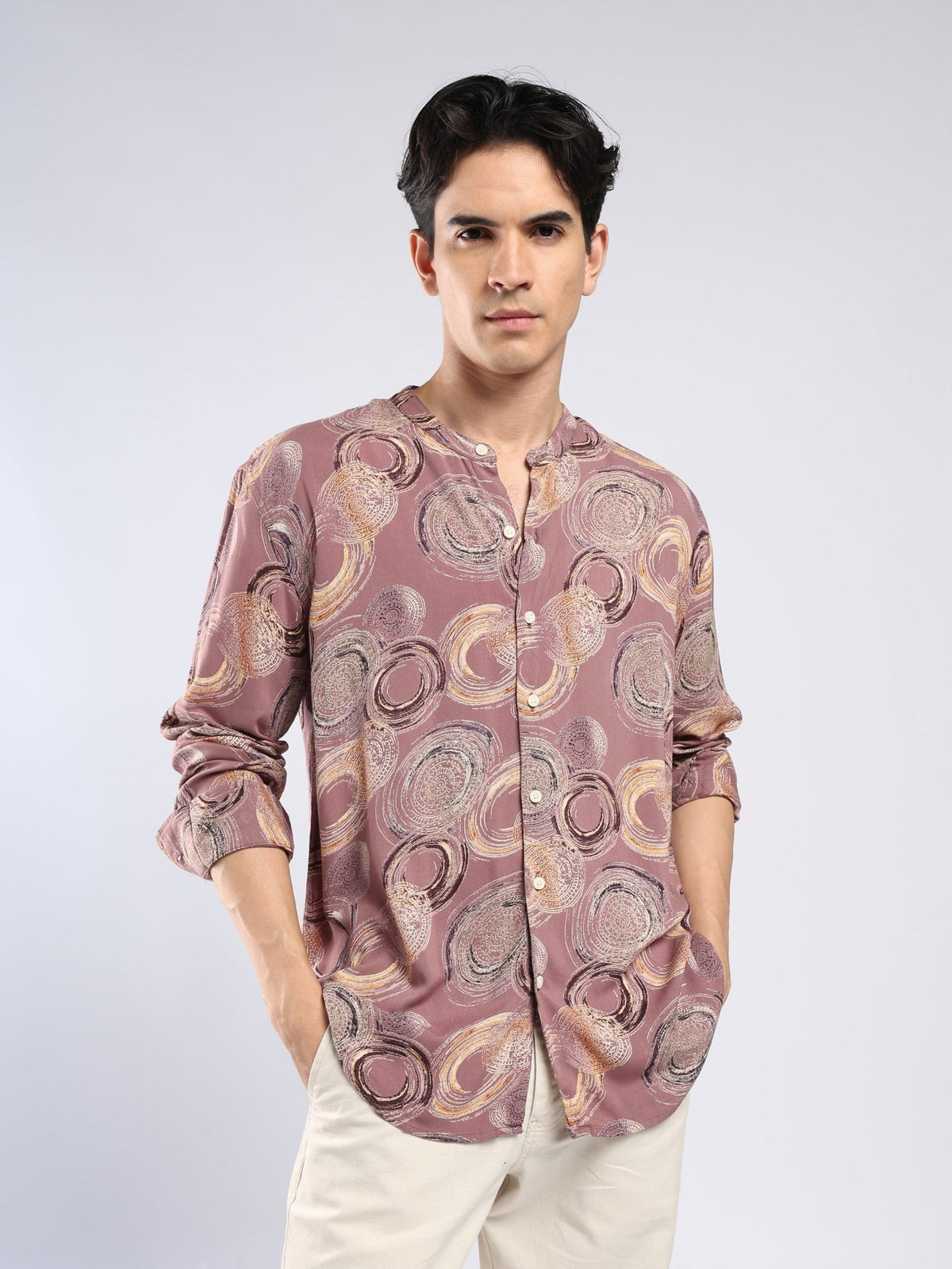 Xisoni - Abstract Printed Mandarin Collar Shirt - Mauve - Espanshe
