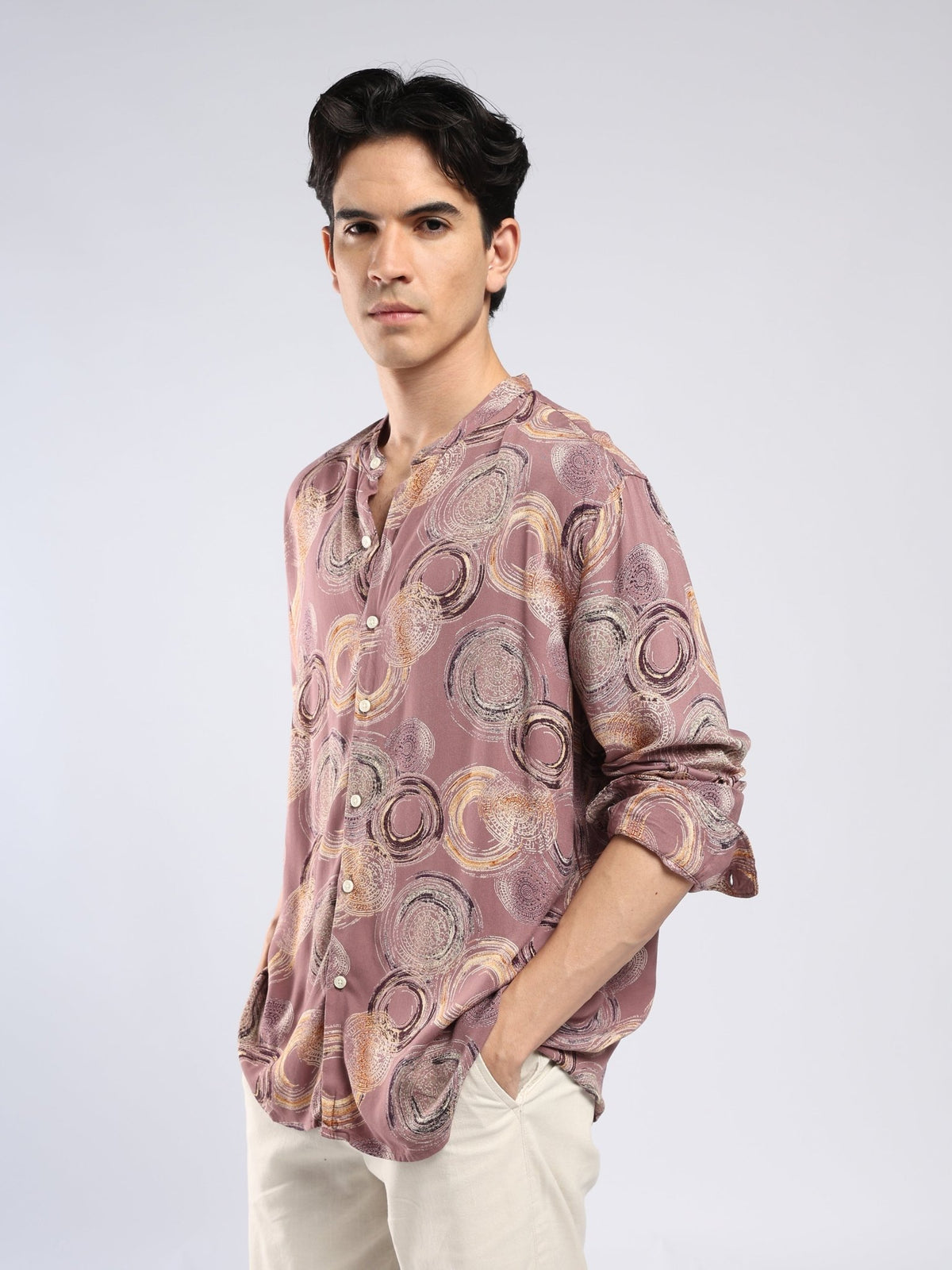 Xisoni - Abstract Printed Mandarin Collar Shirt - Mauve - Espanshe