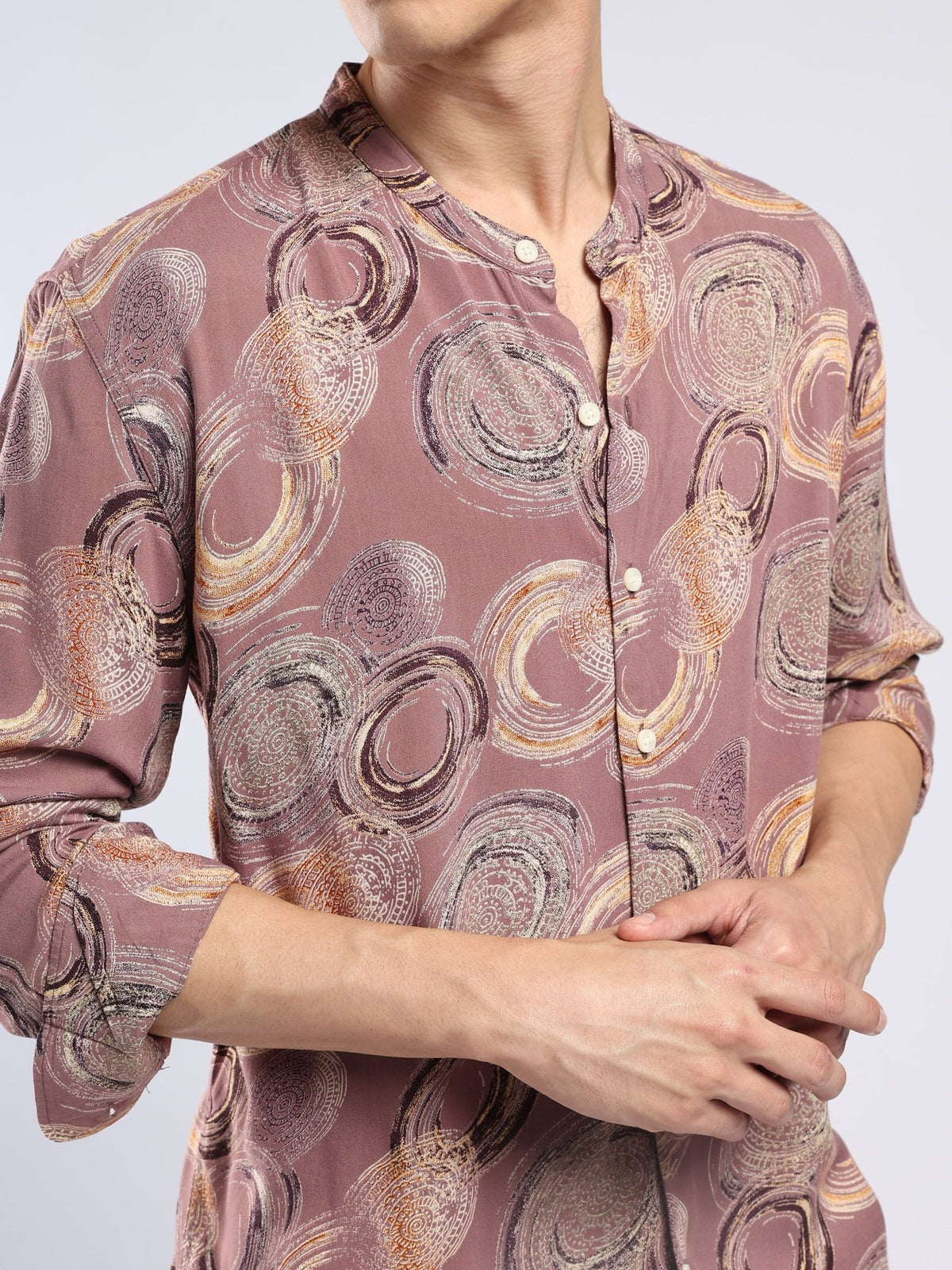 Xisoni - Abstract Printed Mandarin Collar Shirt - Mauve - Espanshe