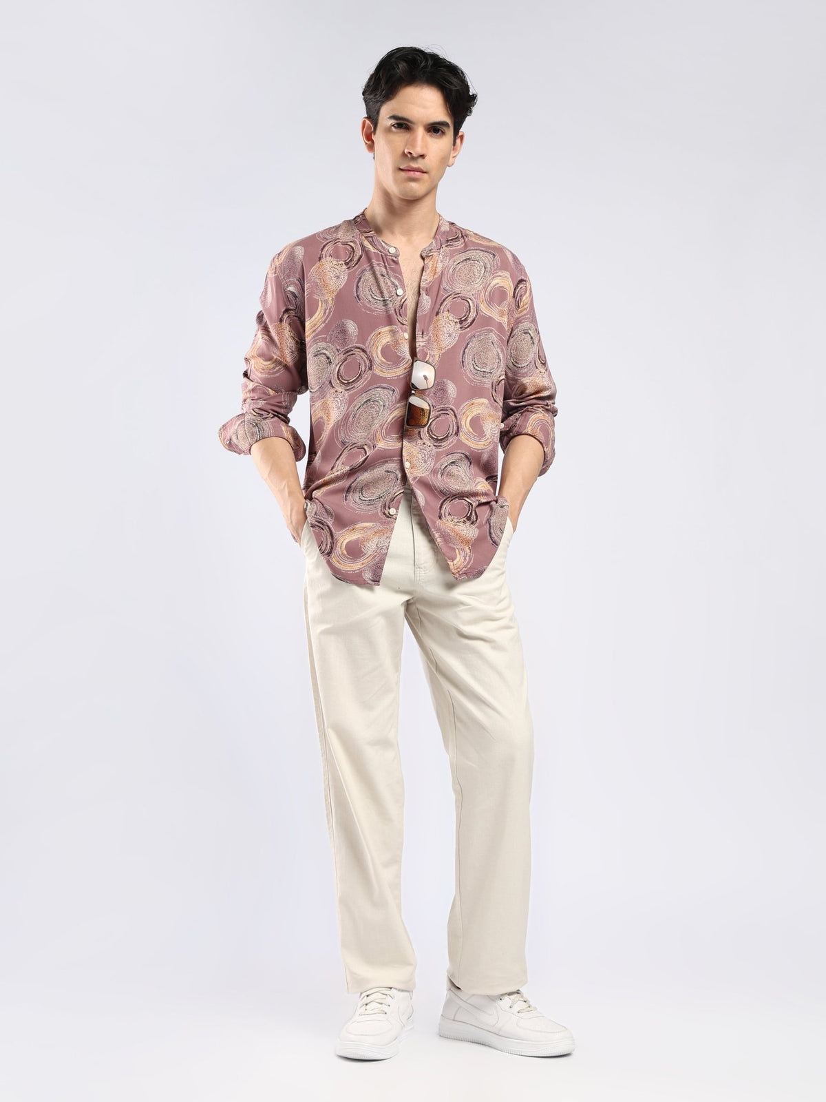 Xisoni - Abstract Printed Mandarin Collar Shirt - Mauve - Espanshe