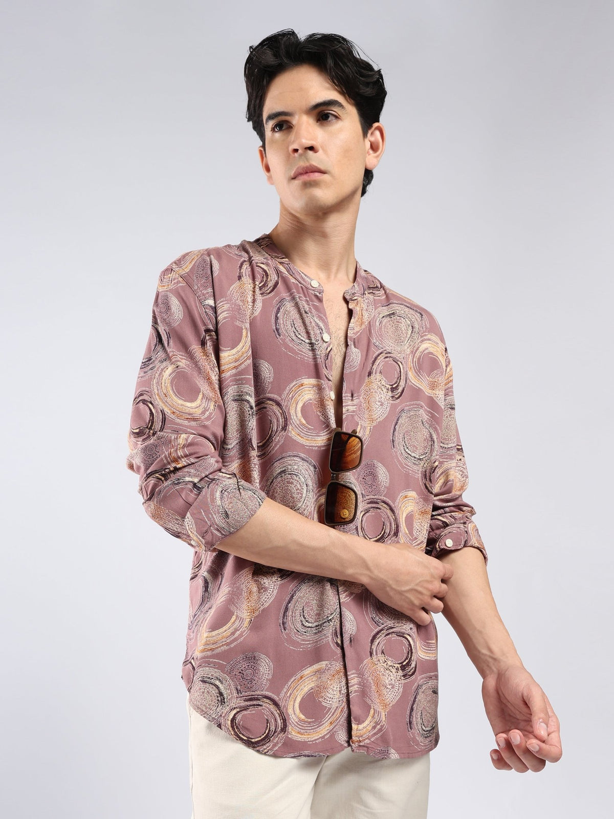 Xisoni - Abstract Printed Mandarin Collar Shirt - Mauve - Espanshe