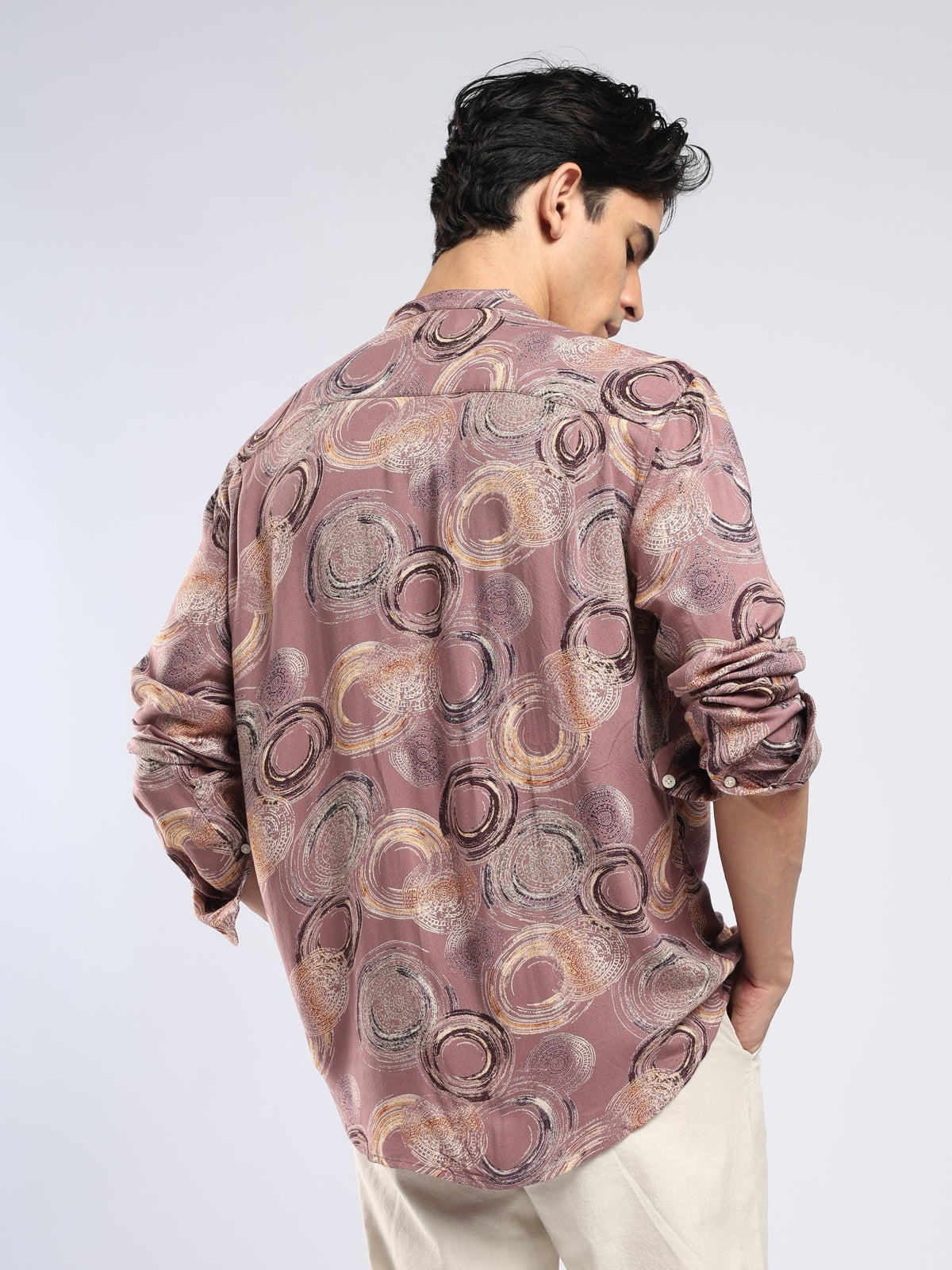 Xisoni - Abstract Printed Mandarin Collar Shirt - Mauve - Espanshe