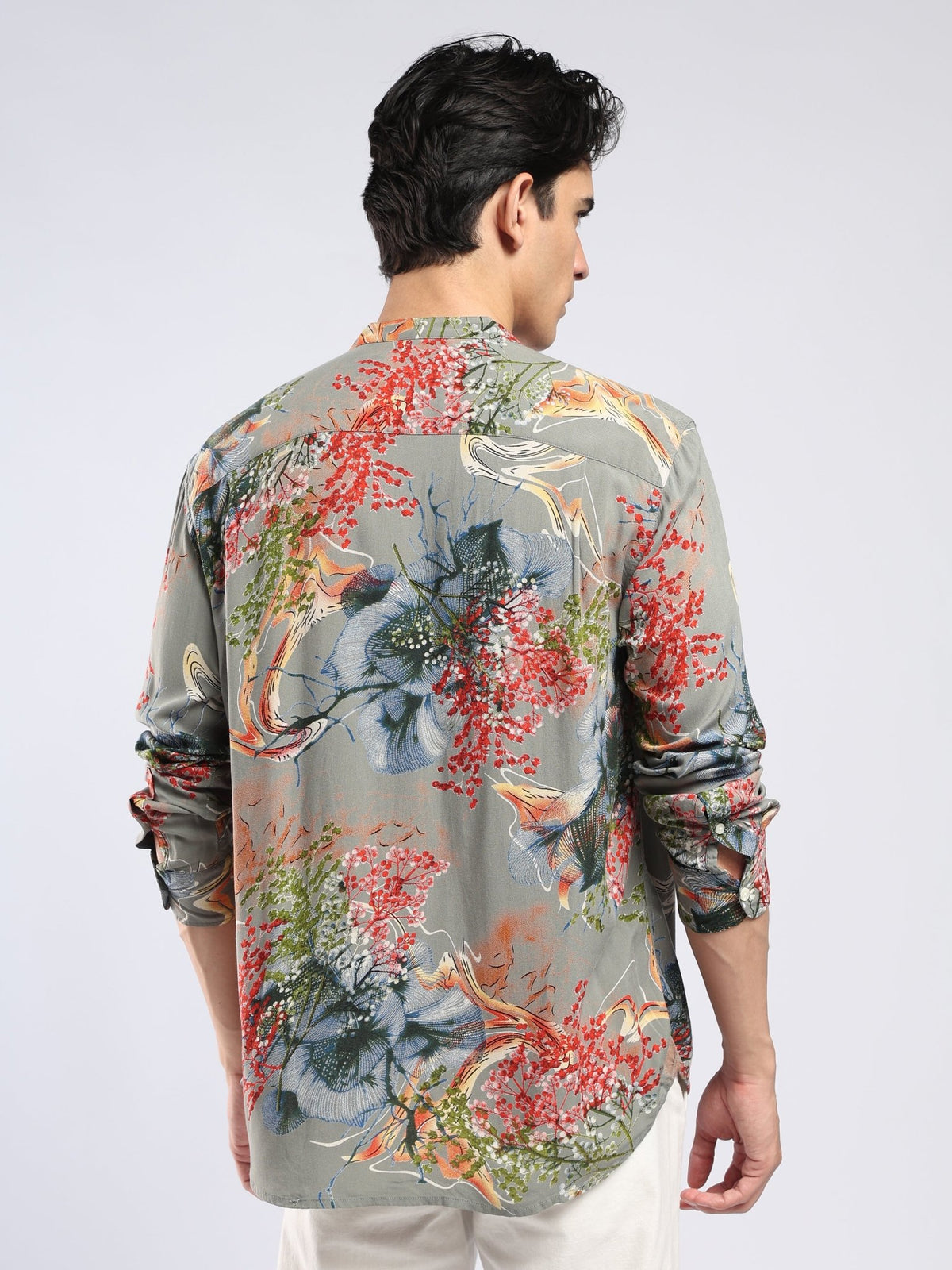 Xisoni - Abstract Printed Mandarin Collar Shirt - Olive Grey - Espanshe