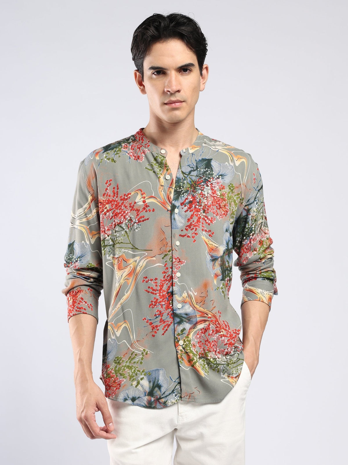 Xisoni - Abstract Printed Mandarin Collar Shirt - Olive Grey - Espanshe