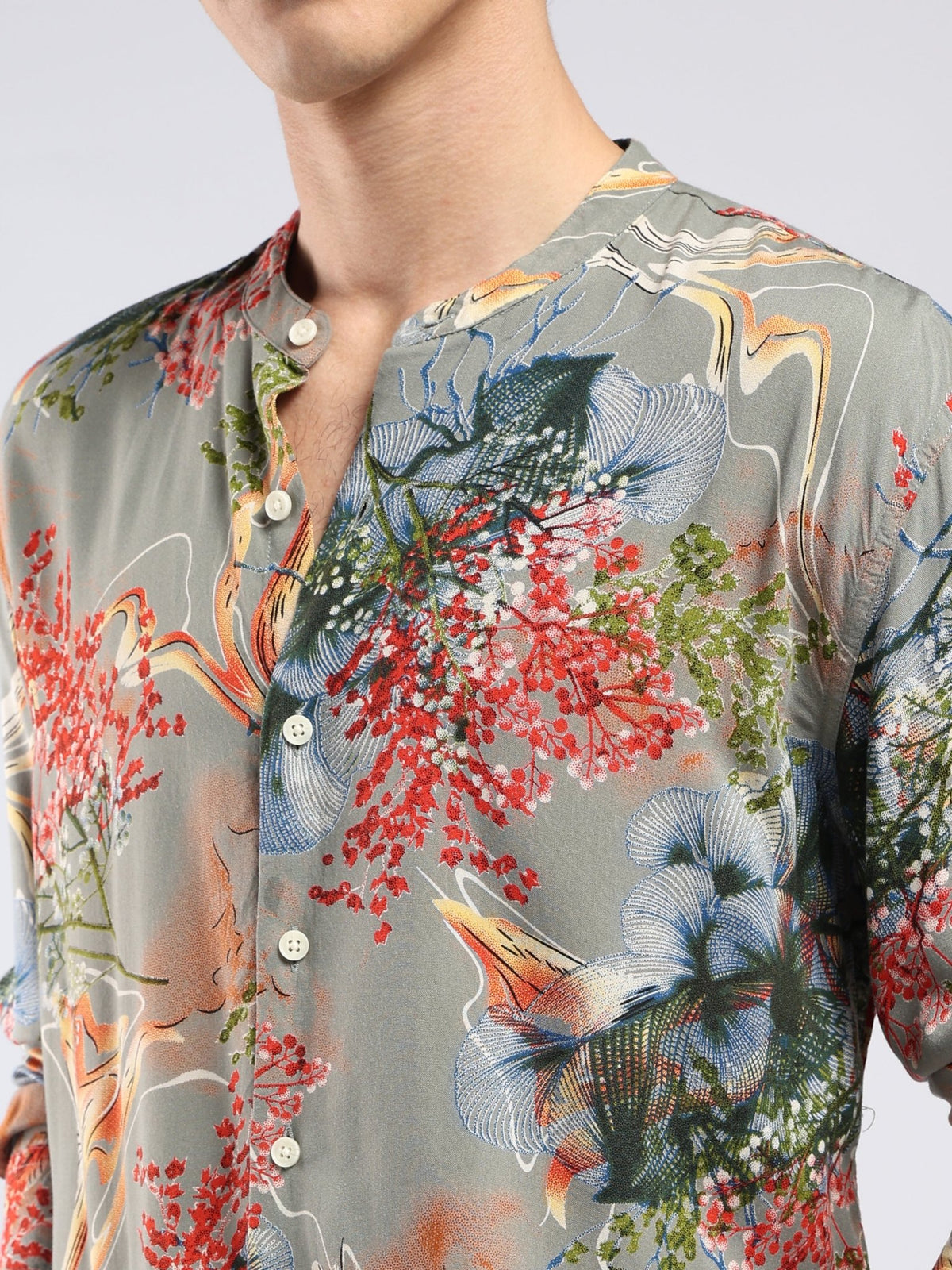 Xisoni - Abstract Printed Mandarin Collar Shirt - Olive Grey - Espanshe
