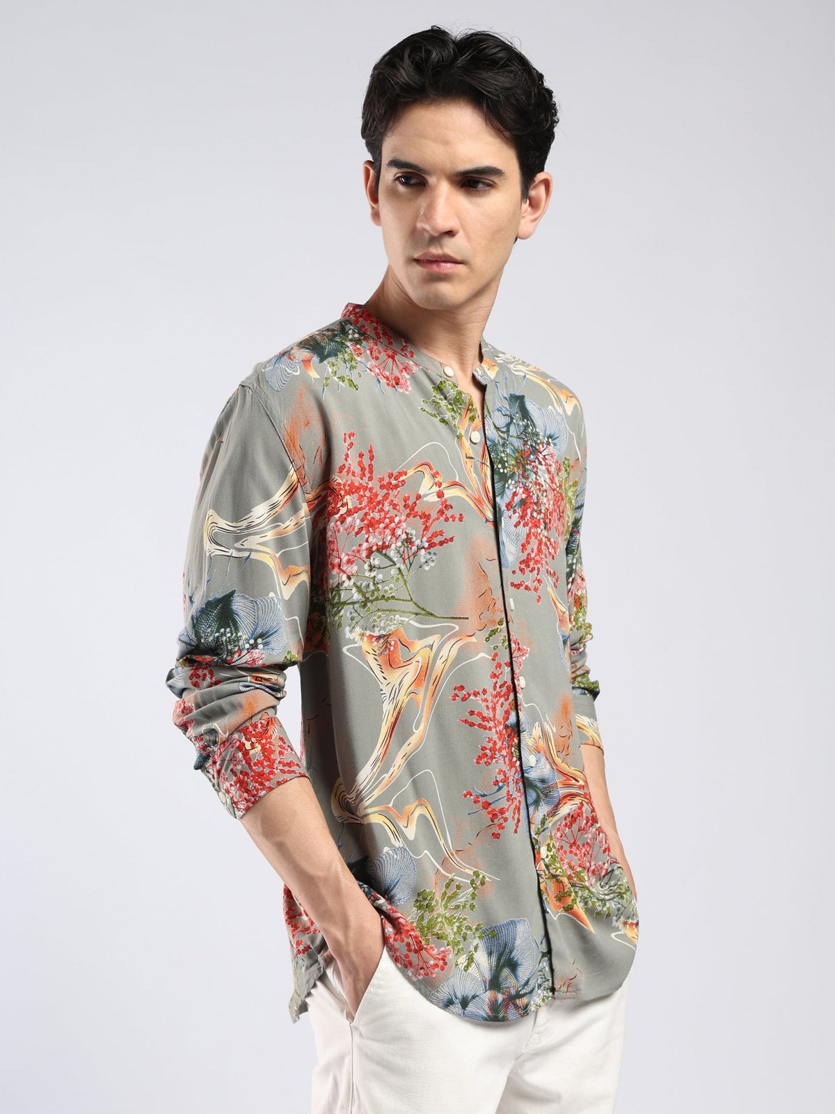 Xisoni - Abstract Printed Mandarin Collar Shirt - Olive Grey - Espanshe