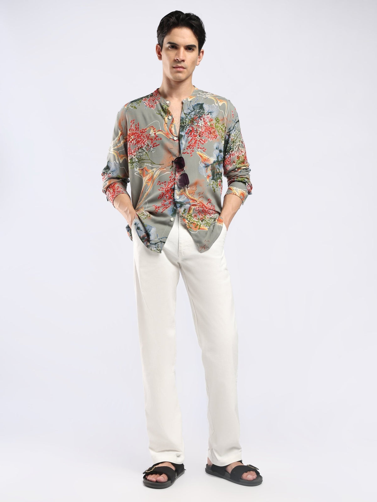 Xisoni - Abstract Printed Mandarin Collar Shirt - Olive Grey - Espanshe