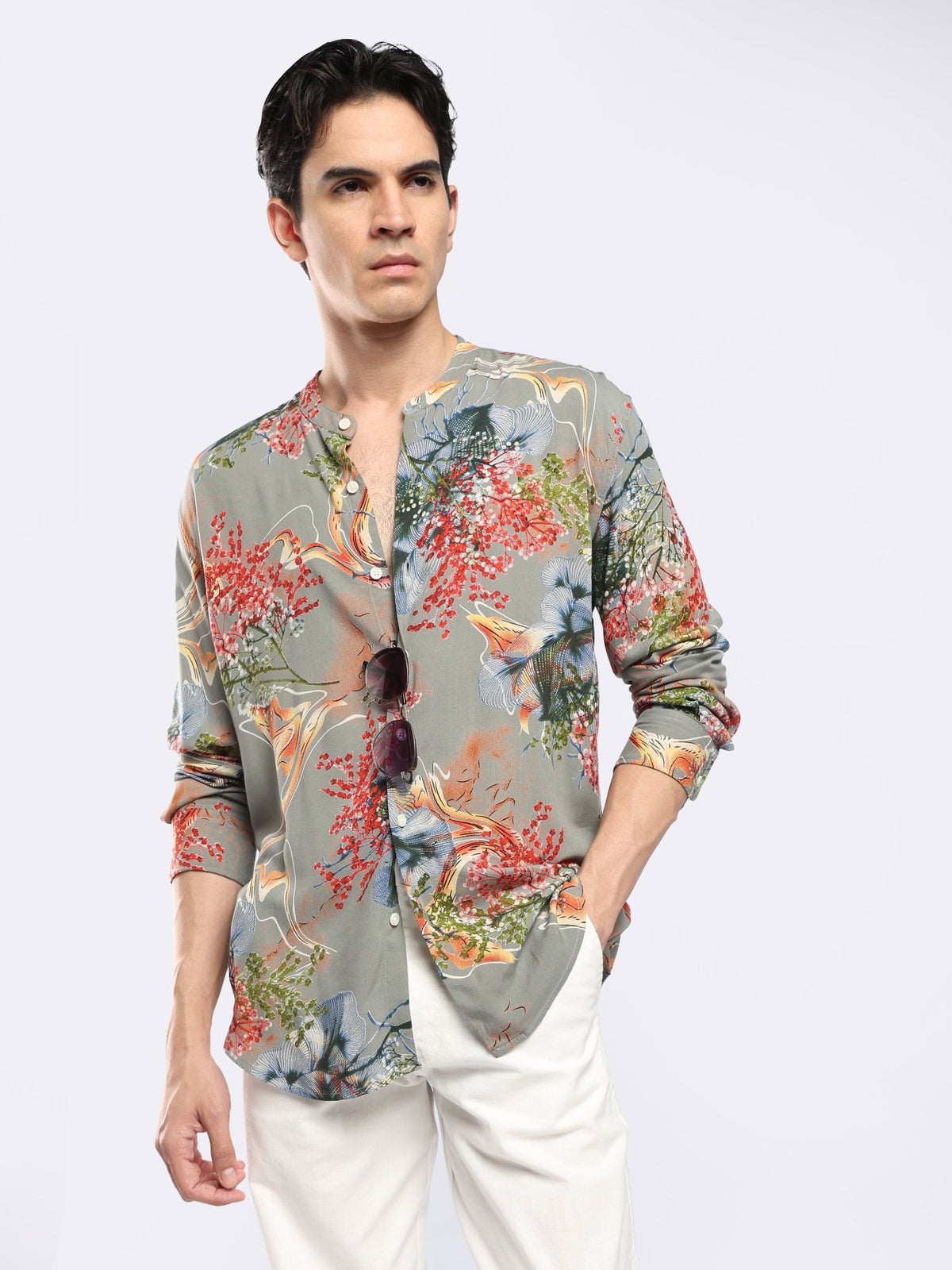 Xisoni - Abstract Printed Mandarin Collar Shirt - Olive Grey - Espanshe
