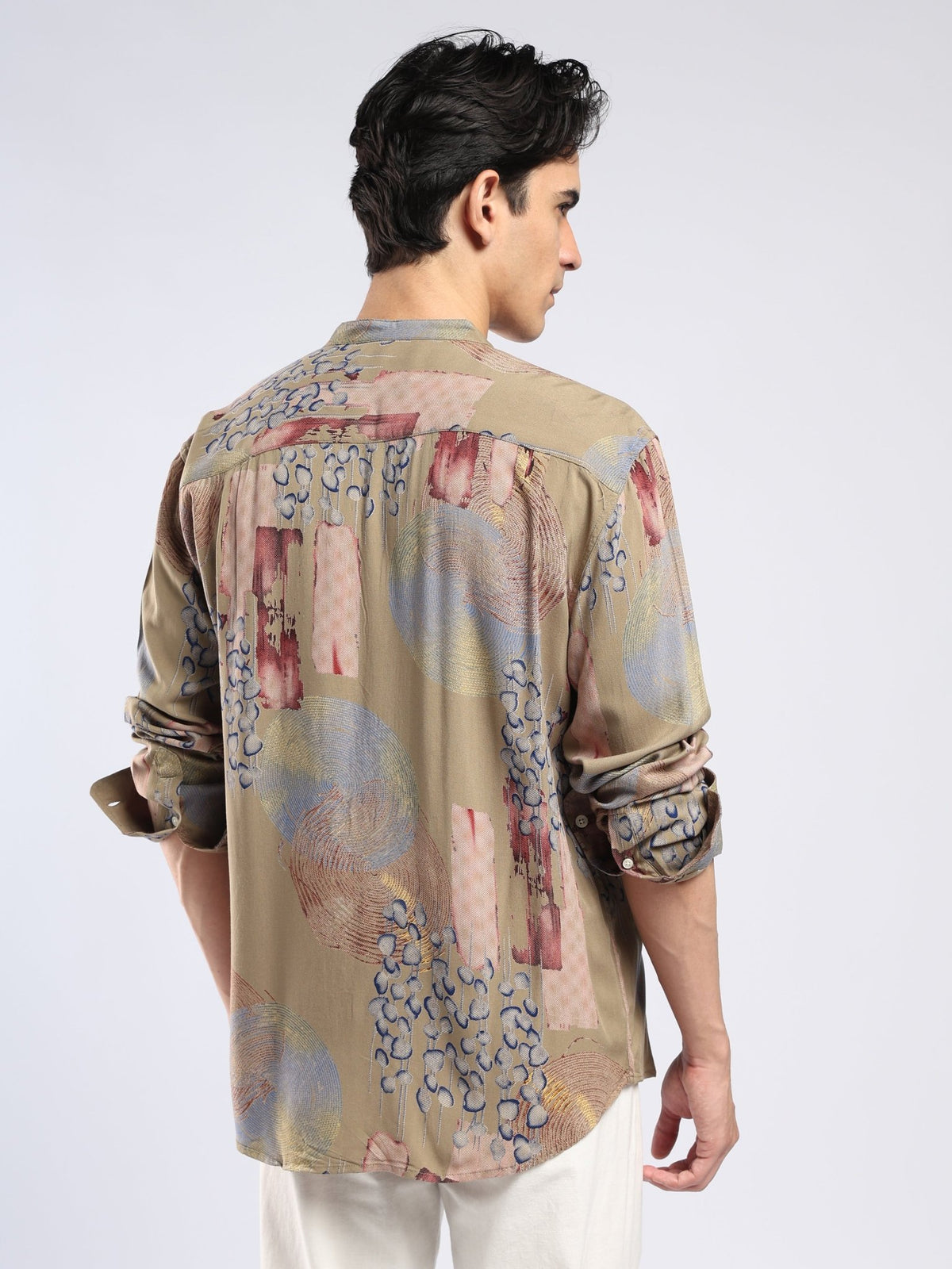 Xisoni - Abstract Printed Mandarin Collar Shirt - Light Olive - Espanshe