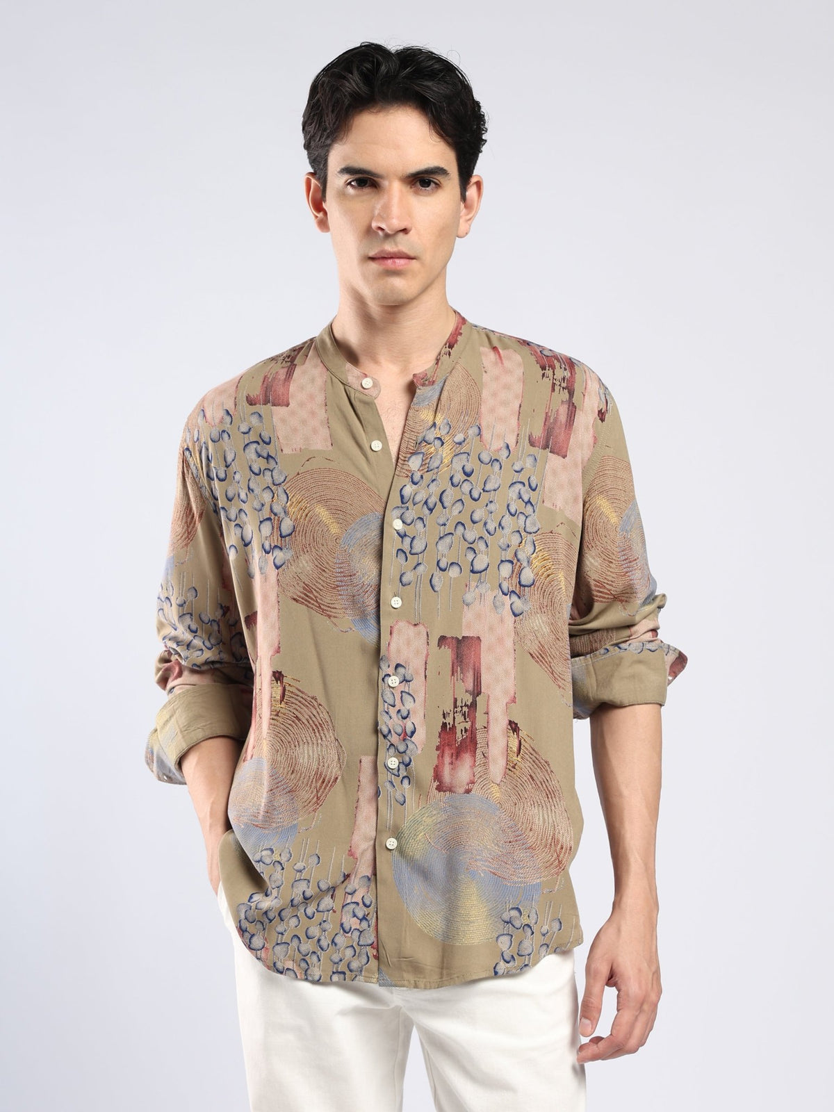 Xisoni - Abstract Printed Mandarin Collar Shirt - Light Olive - Espanshe