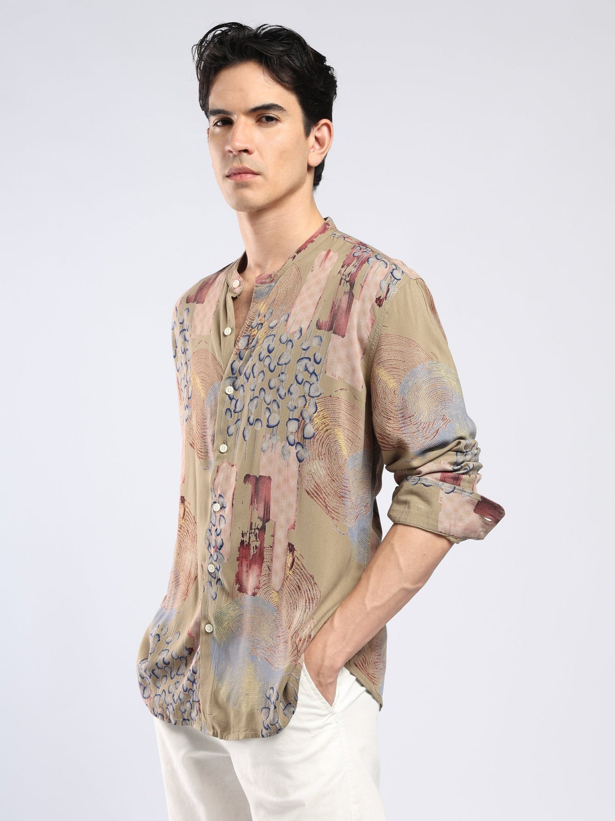Xisoni - Abstract Printed Mandarin Collar Shirt - Light Olive - Espanshe