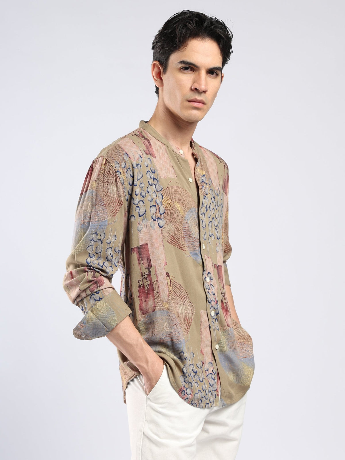 Xisoni - Abstract Printed Mandarin Collar Shirt - Light Olive - Espanshe
