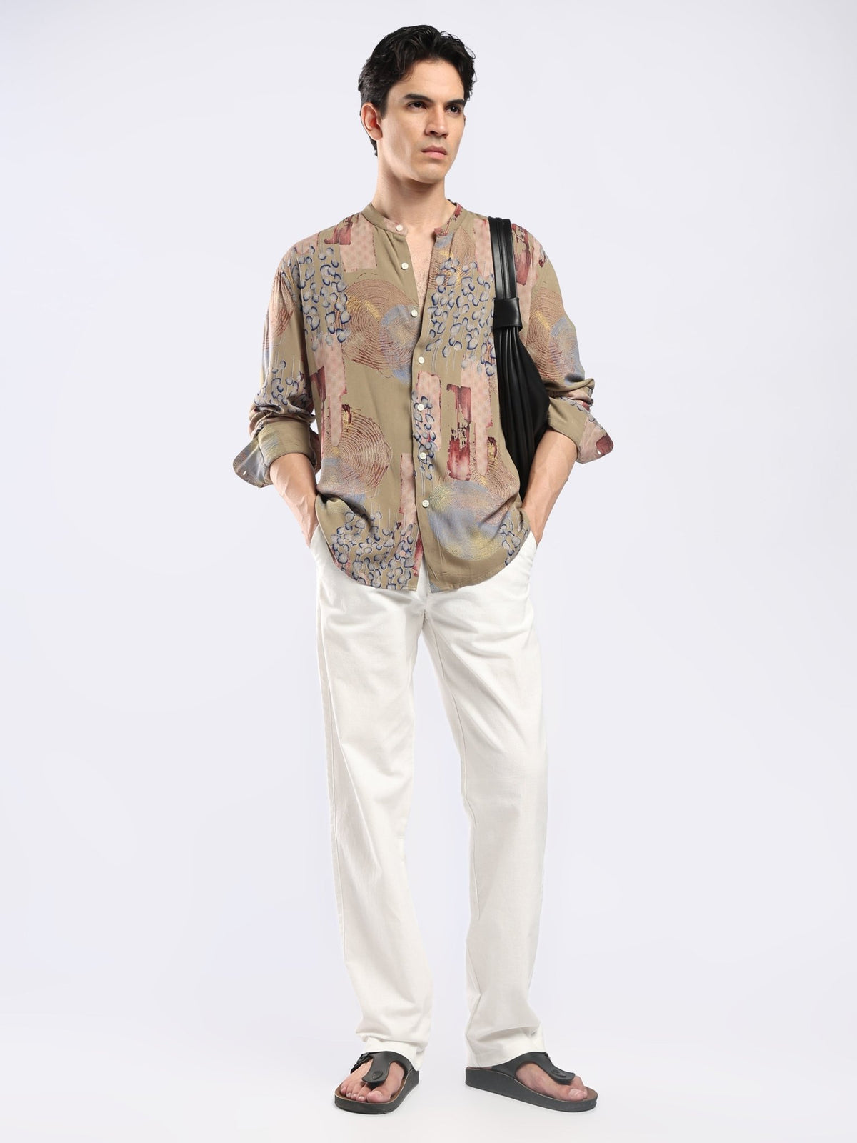 Xisoni - Abstract Printed Mandarin Collar Shirt - Light Olive - Espanshe
